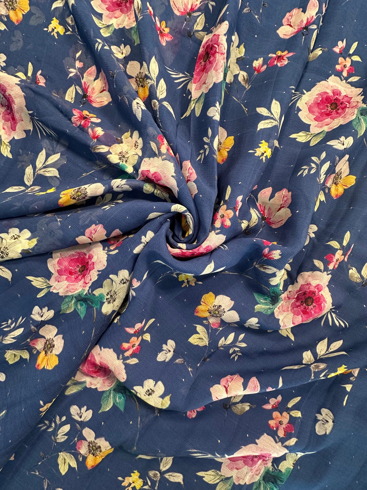 Blue Floral Print Dimond Pure Chiffon Saree