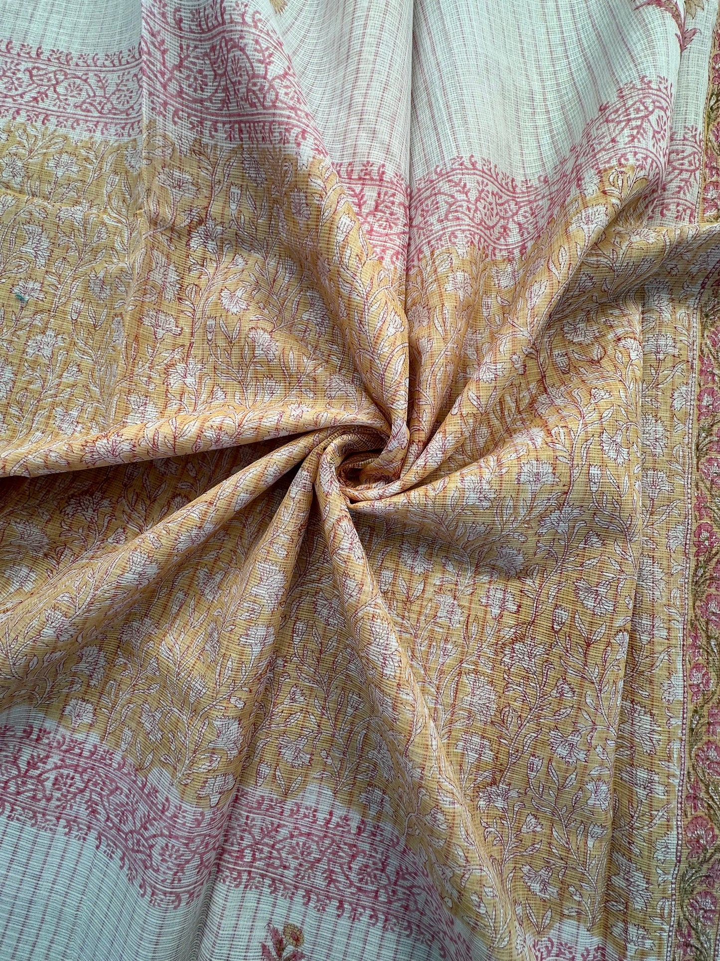 Off White Block Printed Kota Doria Cotton Saree