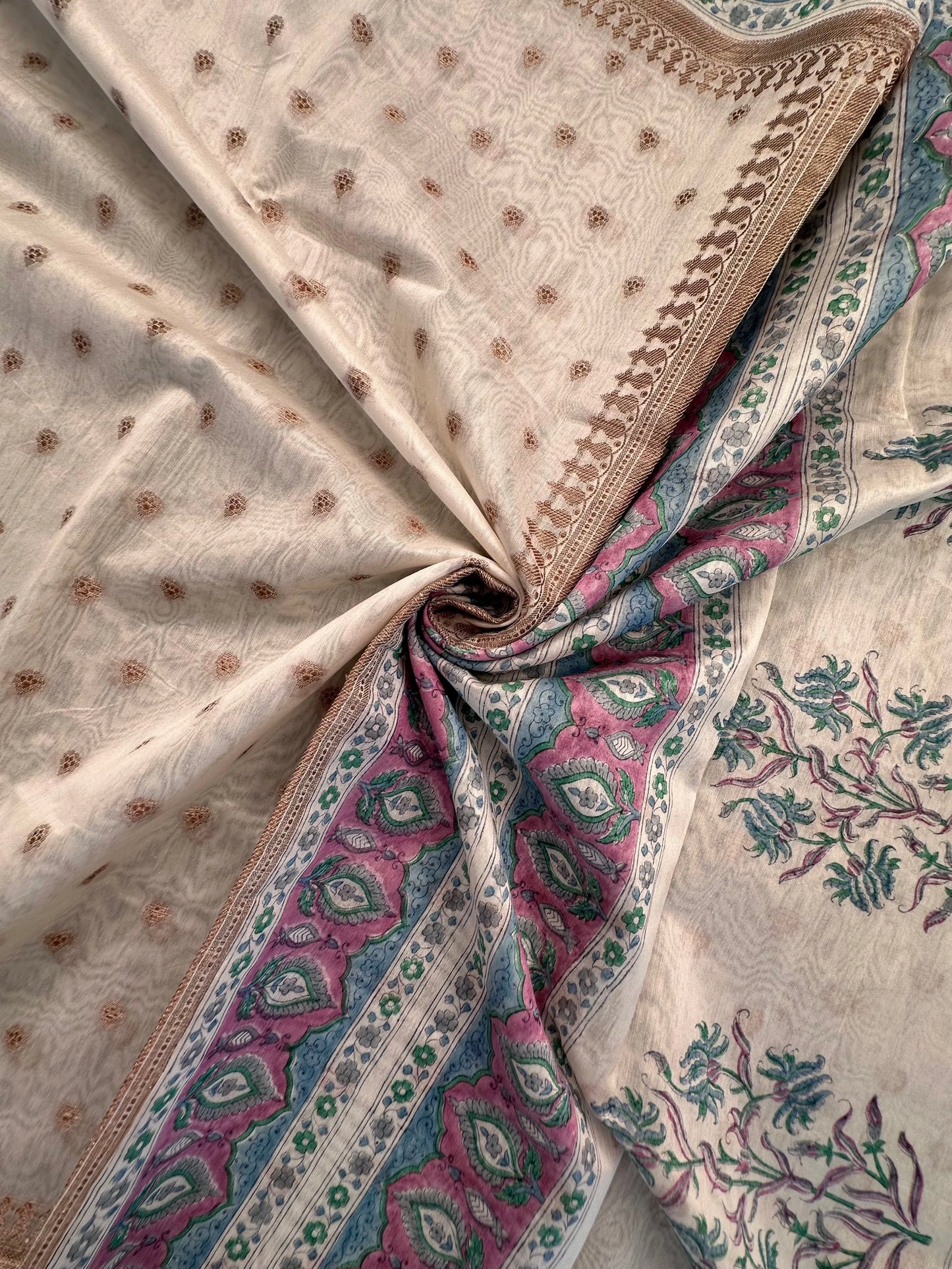Off White Chanderi Saree with Hand Block Print