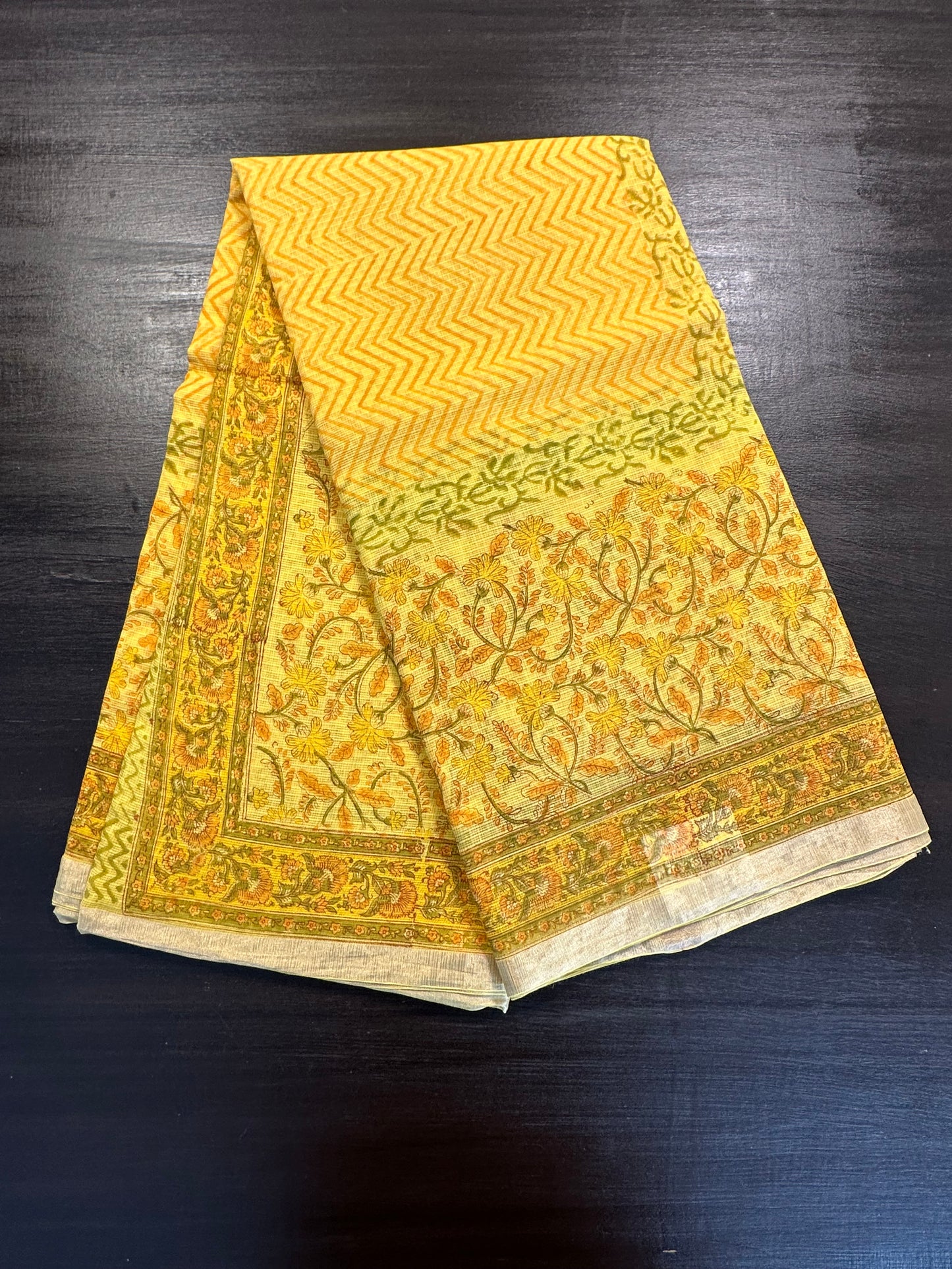 Yellow Block Print Kota Doria Cotton Saree