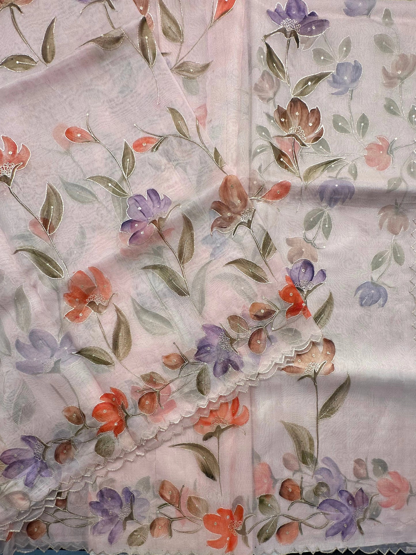 Baby Pink Floral Print Organza Saree