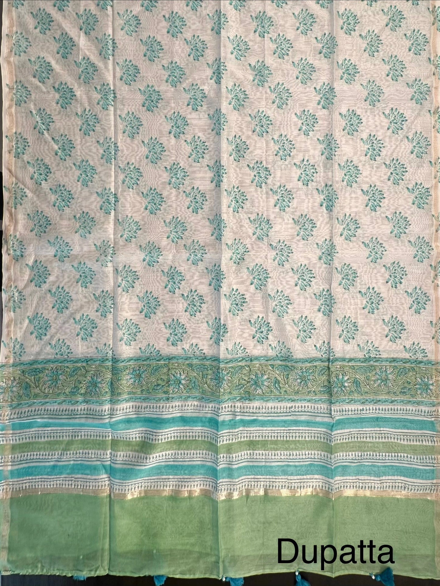 Off White-Pista Hand Block Printed Chanderi 3-Piece Unstitched Suit with Aari Work