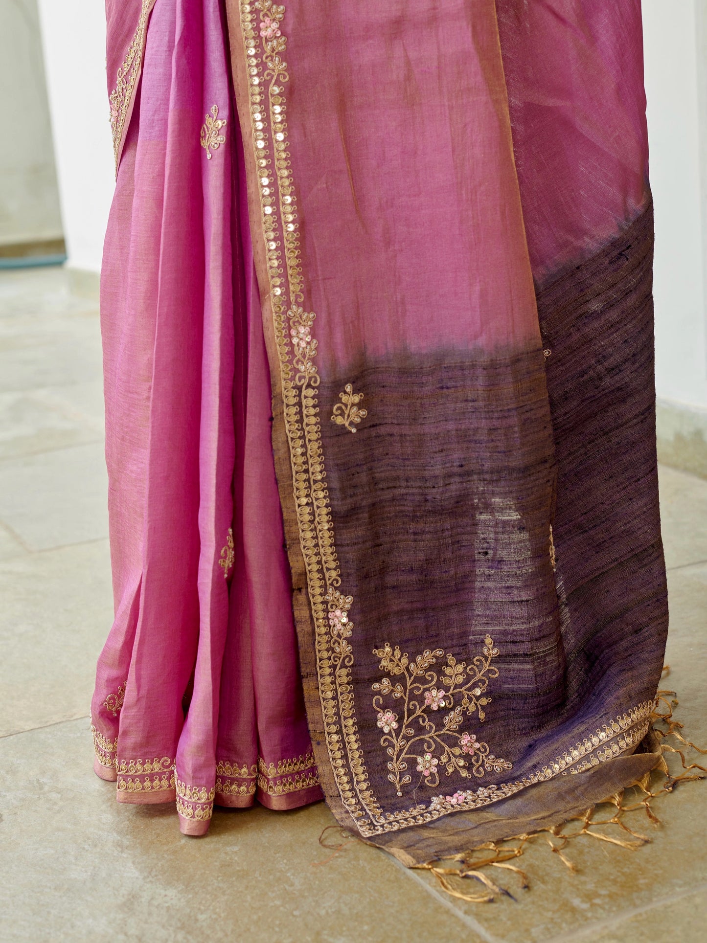 Pink Tussar Silk Saree With Zari Buta