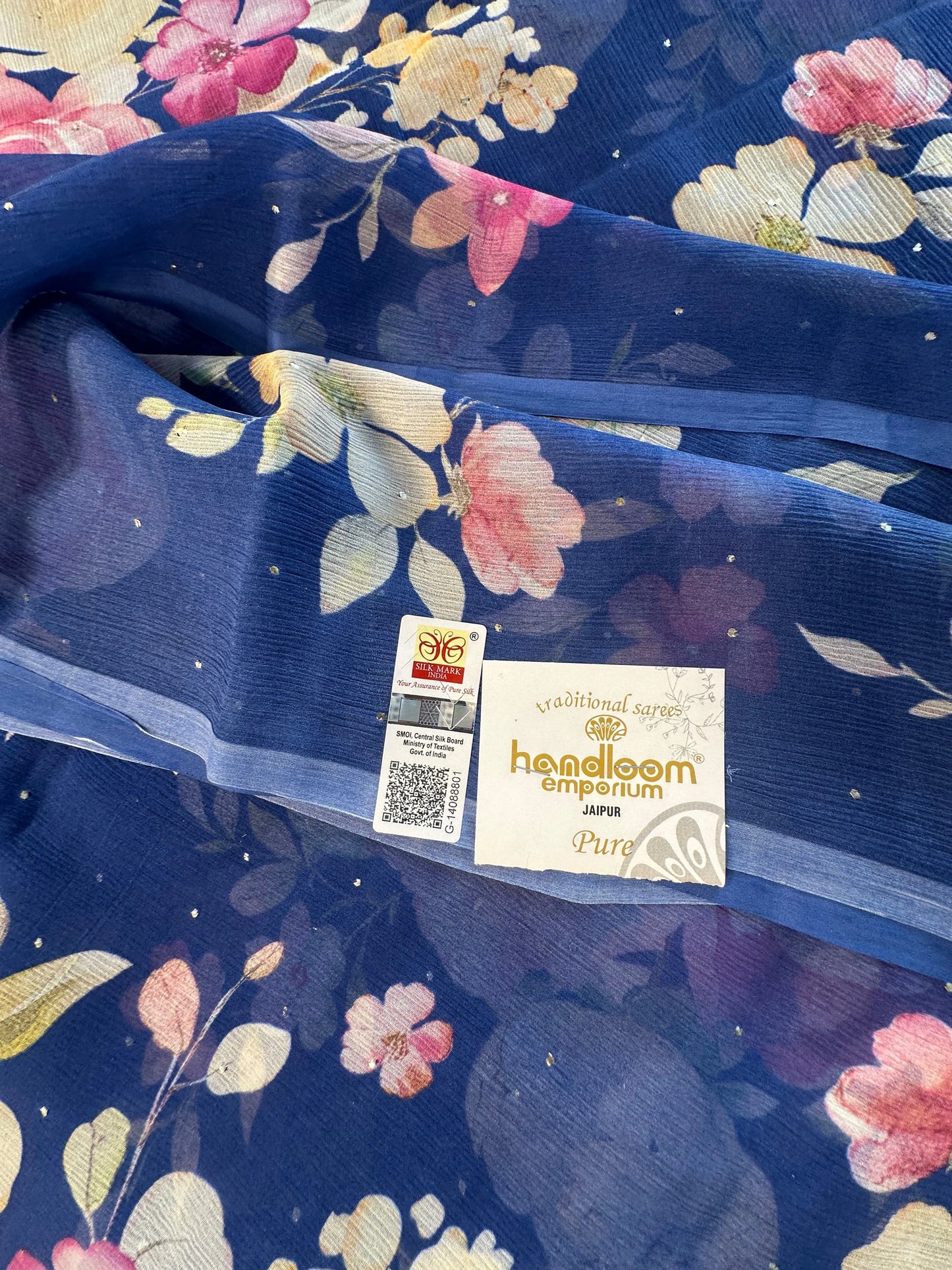 Blue Floral Print Dimond Pure Chiffon Saree