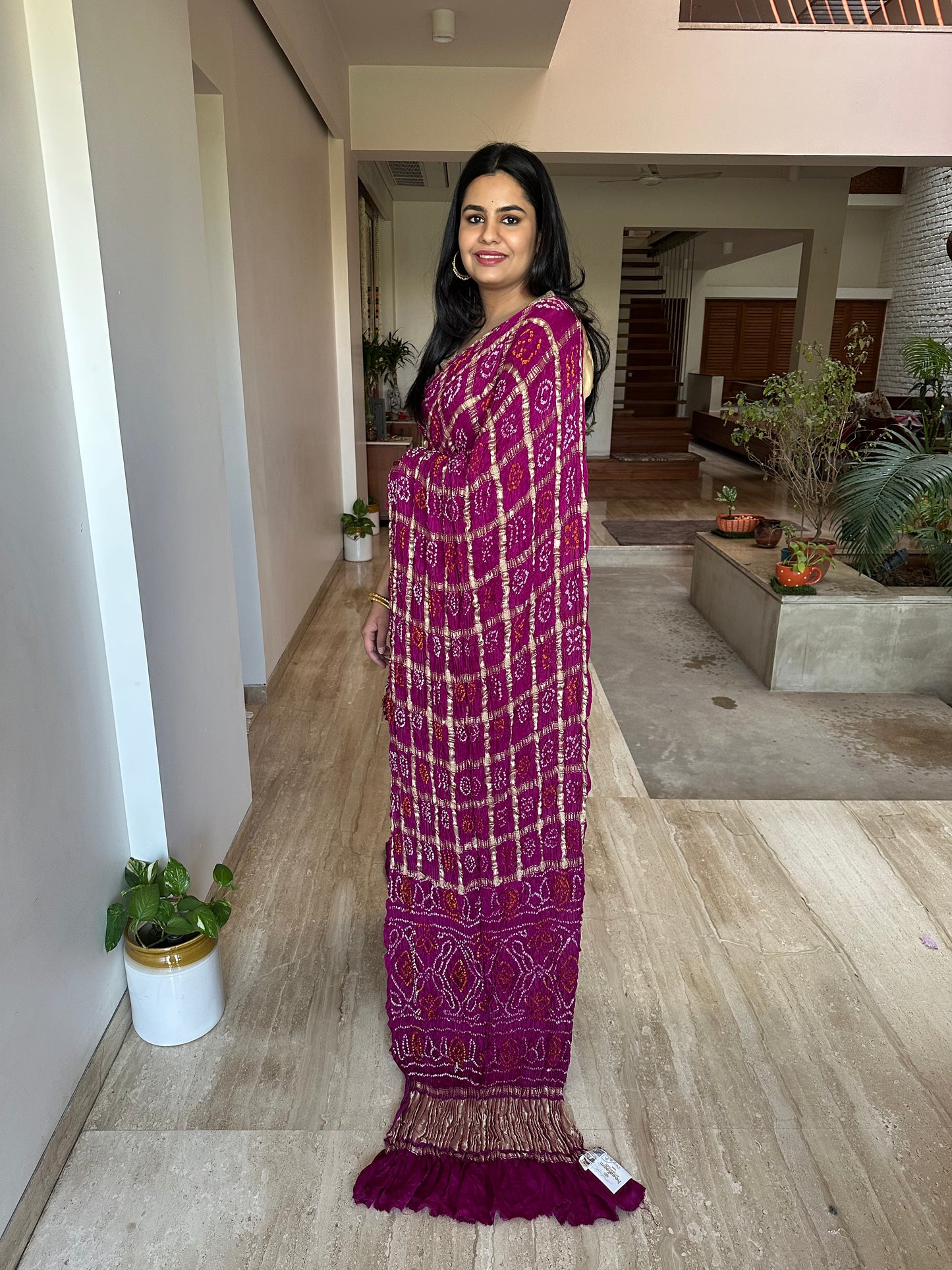 Magenta Gharchola Bandhej Gajji Silk Saree