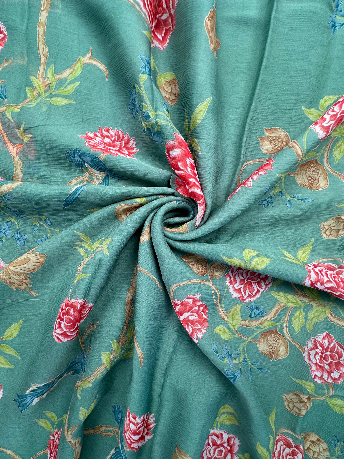 Sage Green Floral Print Chiffon Saree