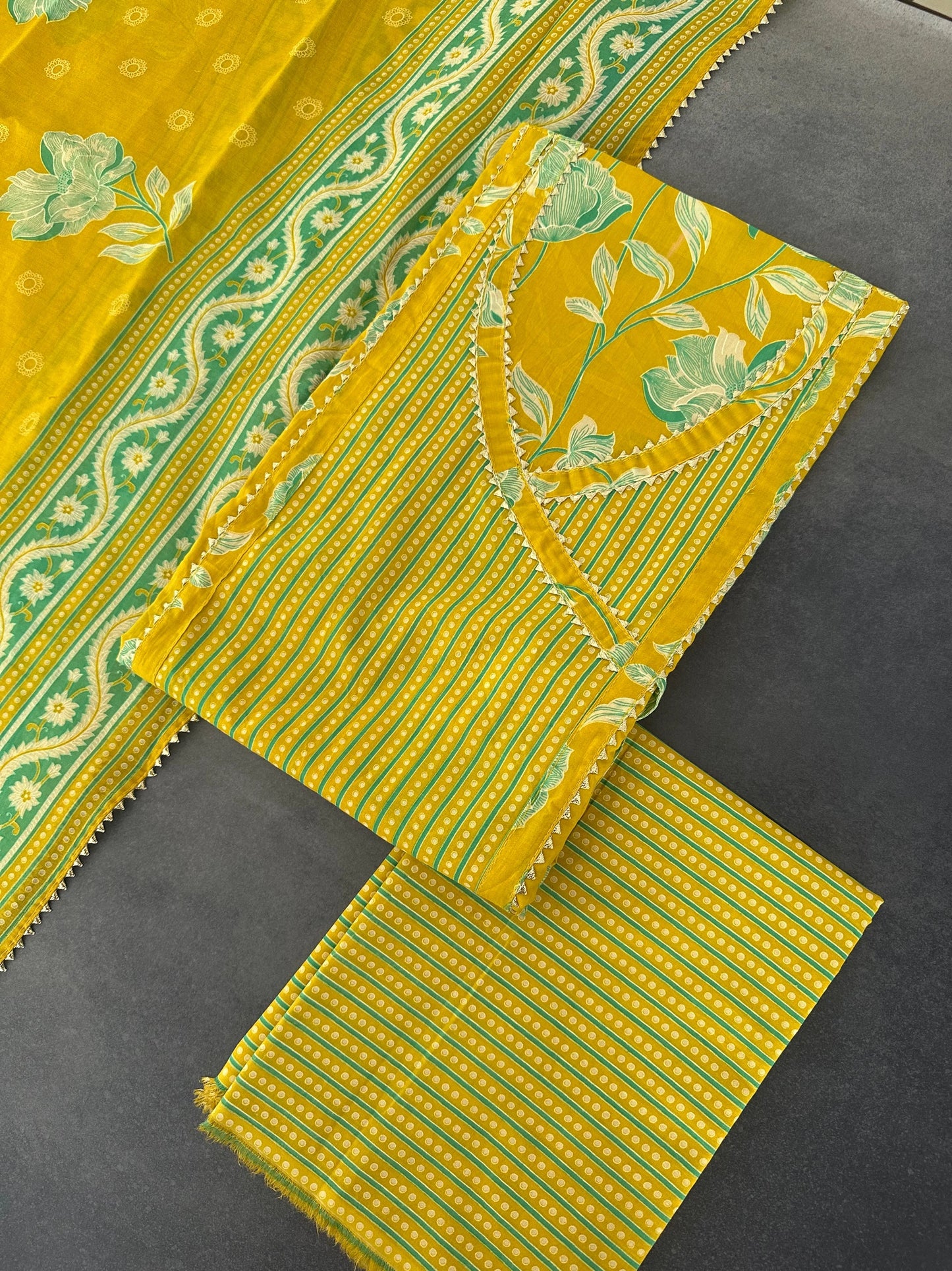 Yellow Angrakha Printed Cotton 3-Piece Suit