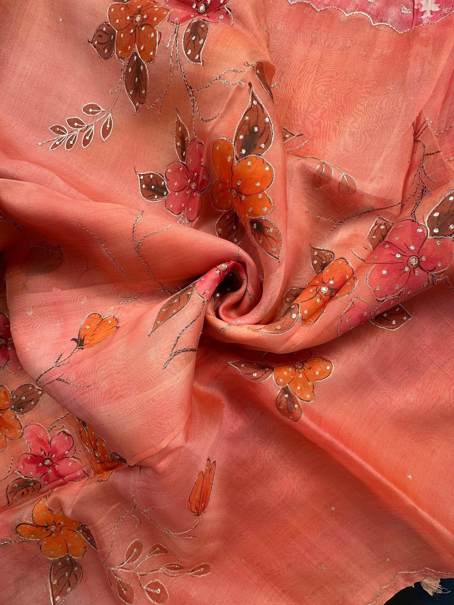 Peach Floral Print Organza Saree