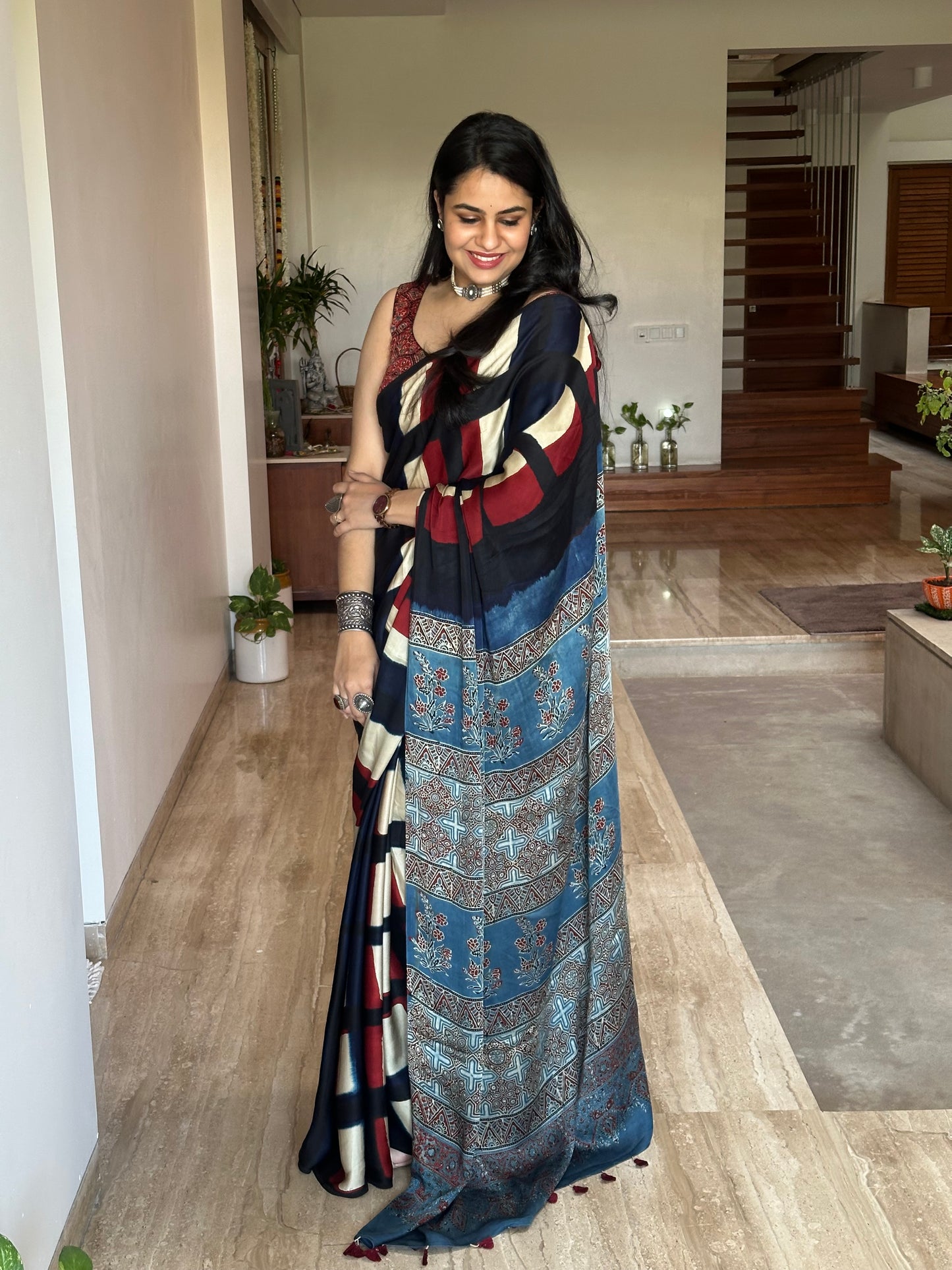 Black Indigo-Blue Ajrakh Blended Modal Saree