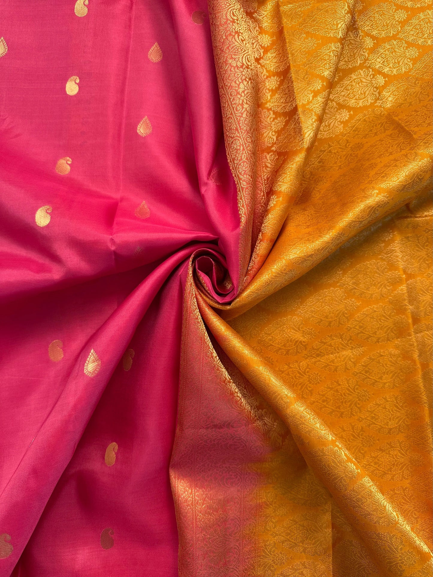 Pink-Mustard Pondicherry Pure Silk Saree