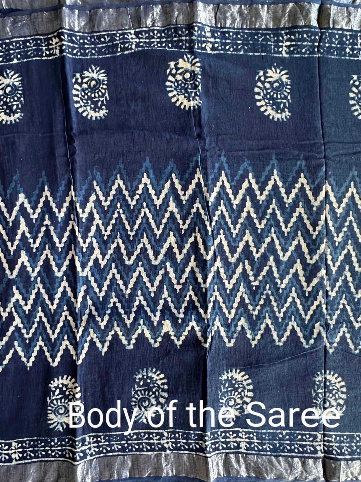 Indigo Hand Block Print Linen Saree