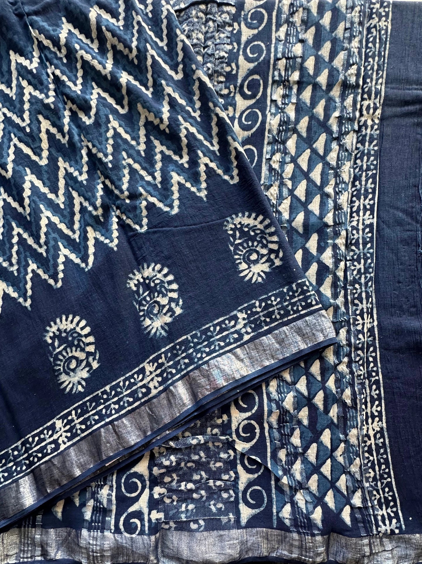 Indigo Hand Block Print Linen Saree
