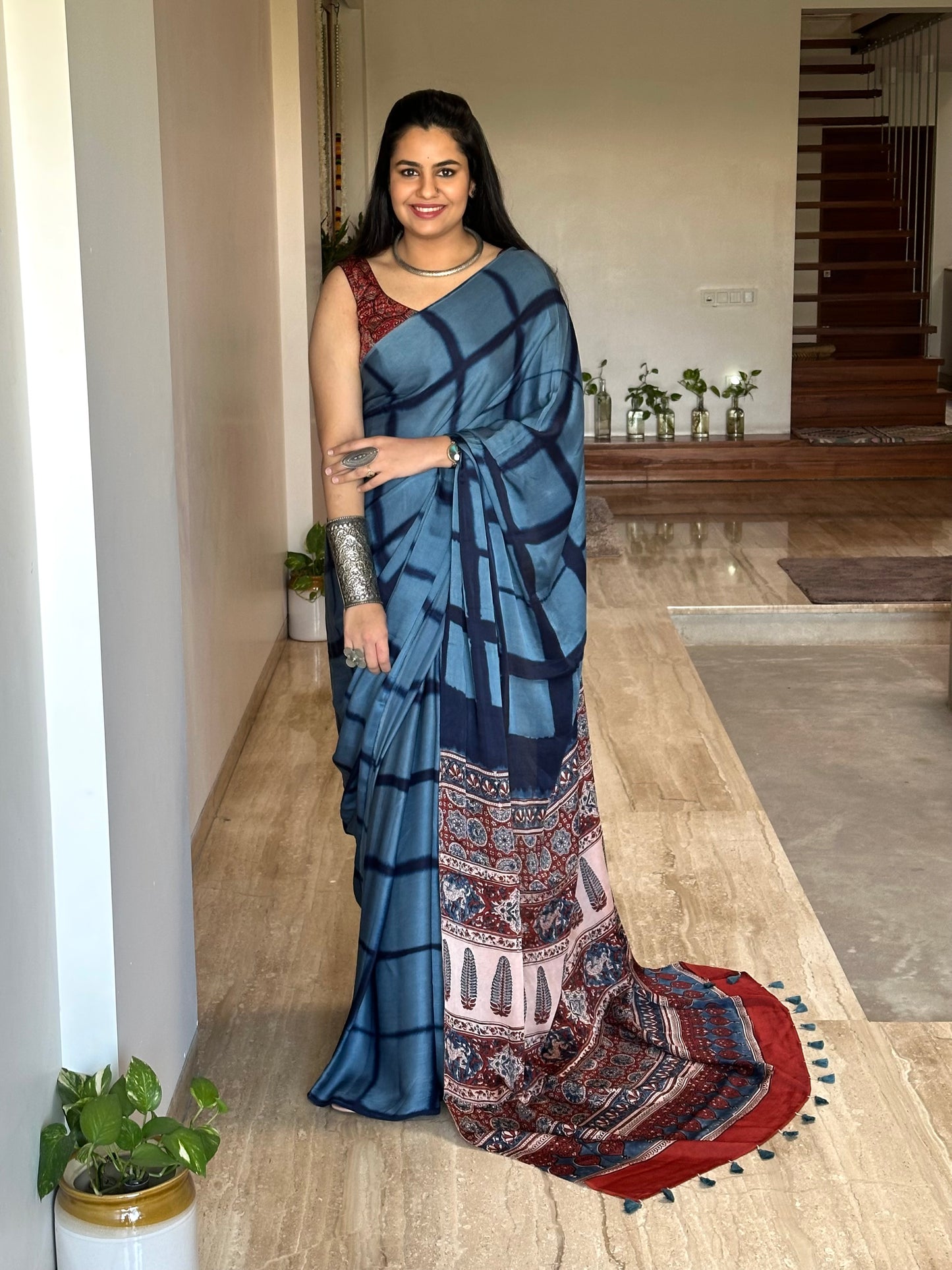Blue-Rust Ajrakh Blended Modal Saree