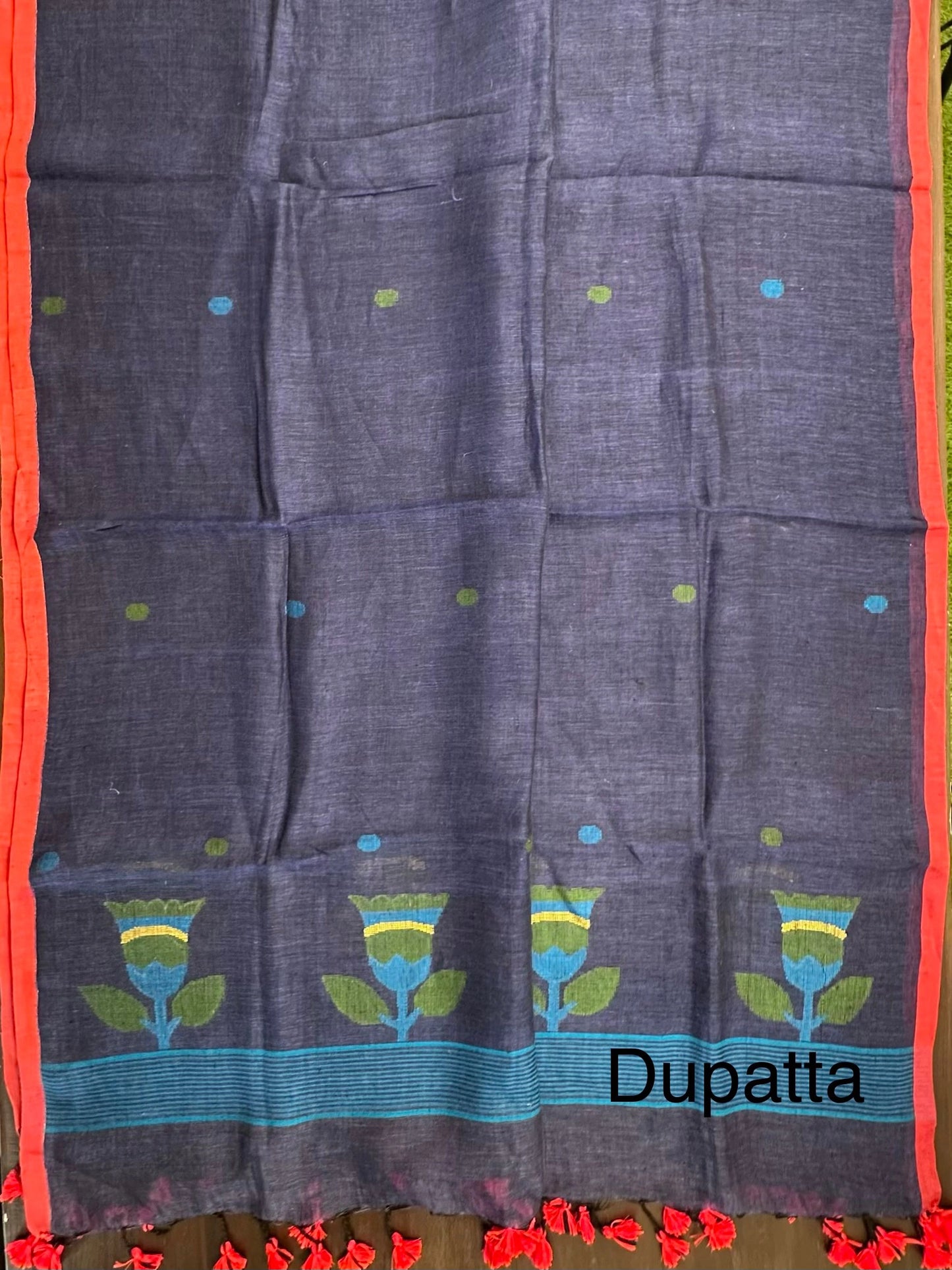 Navy Blue Linen Dhakai 2 Piece Kurta Dupatta Unstitched Set