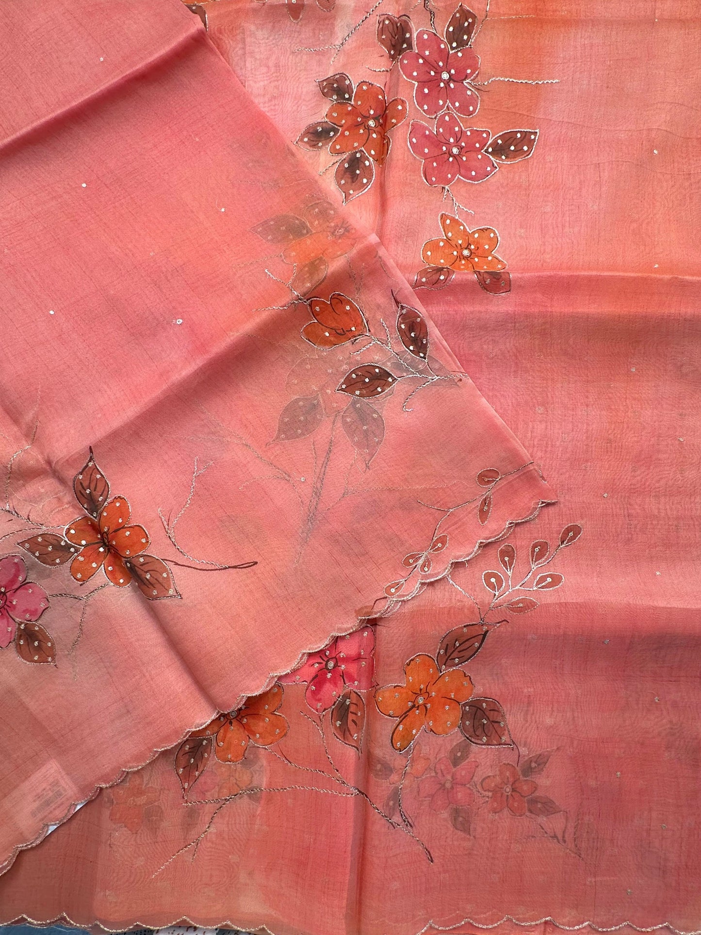 Peach Floral Print Organza Saree