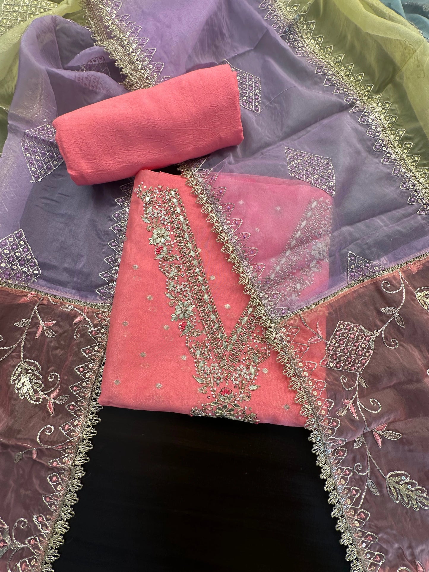 Pink Tissue Neck Work Chanderi Unstitched 3-Piece Suit