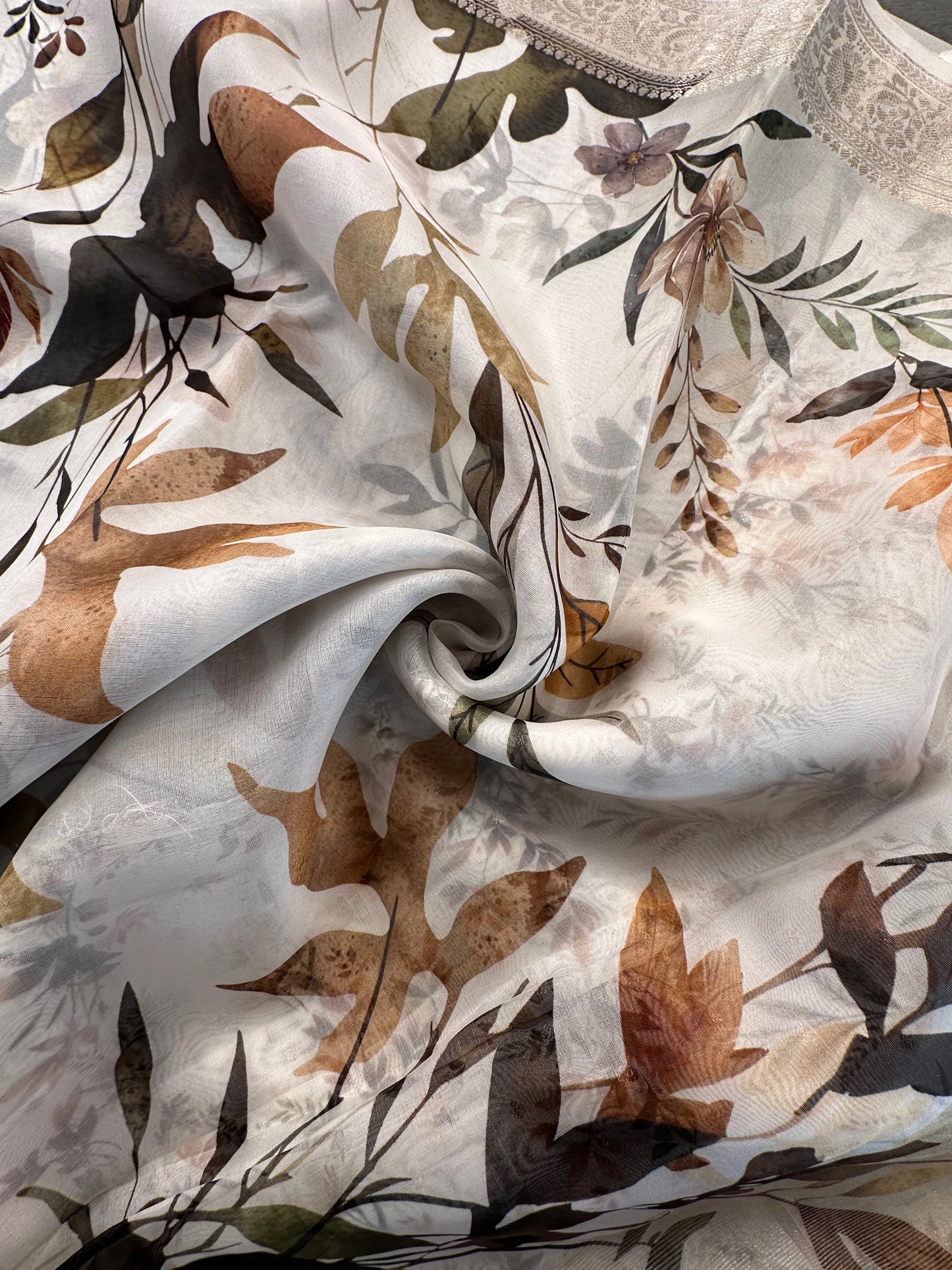 Off White - Multi Floral Print Organza Saree
