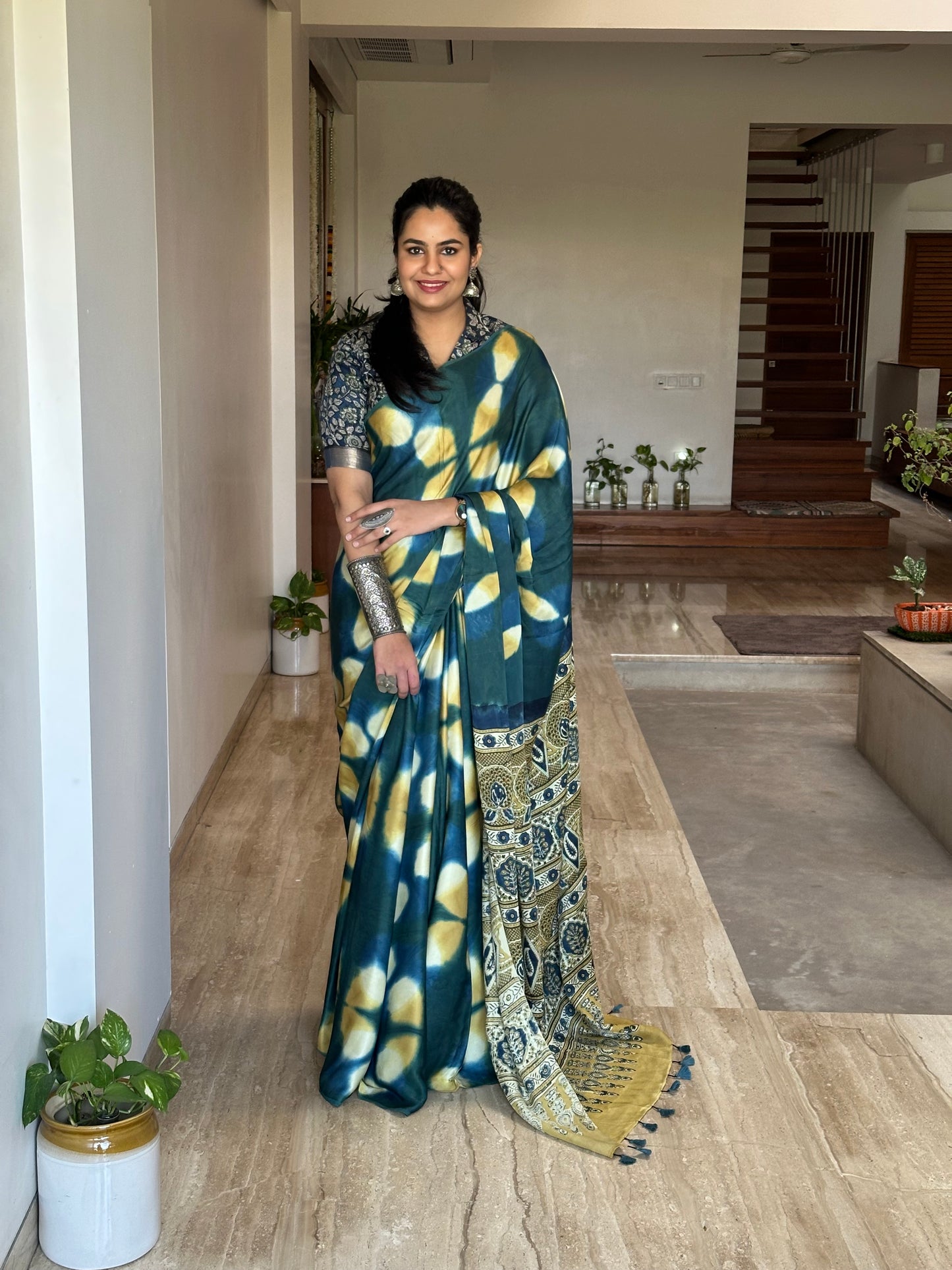 Peacock Blue-Yellow Ajrakh Blended Modal Saree