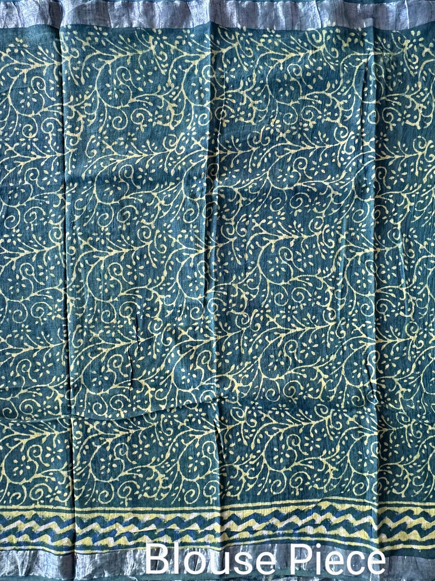 Peacock Blue Hand Block Print Linen Saree