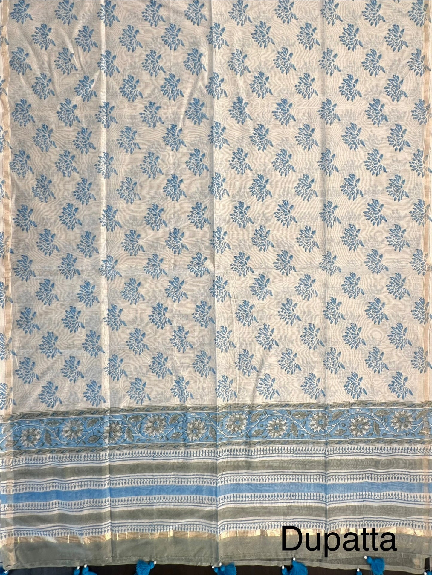 Off White-Blue Hand Block Printed Chanderi 3-Piece Unstitched Suit with Aari Work