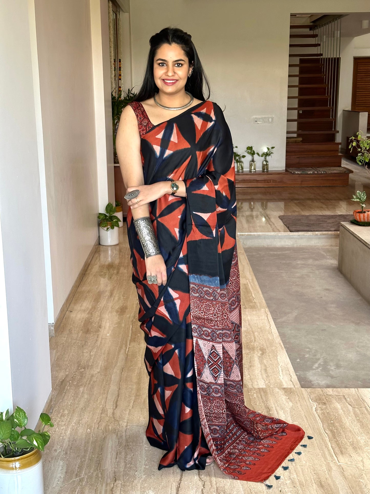 Black Indigo-Rust Orange Ajrakh Blended Modal Saree