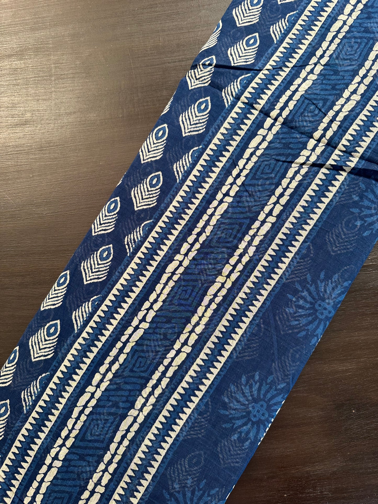Indigo Blue Block Print Cotton Blend Saree
