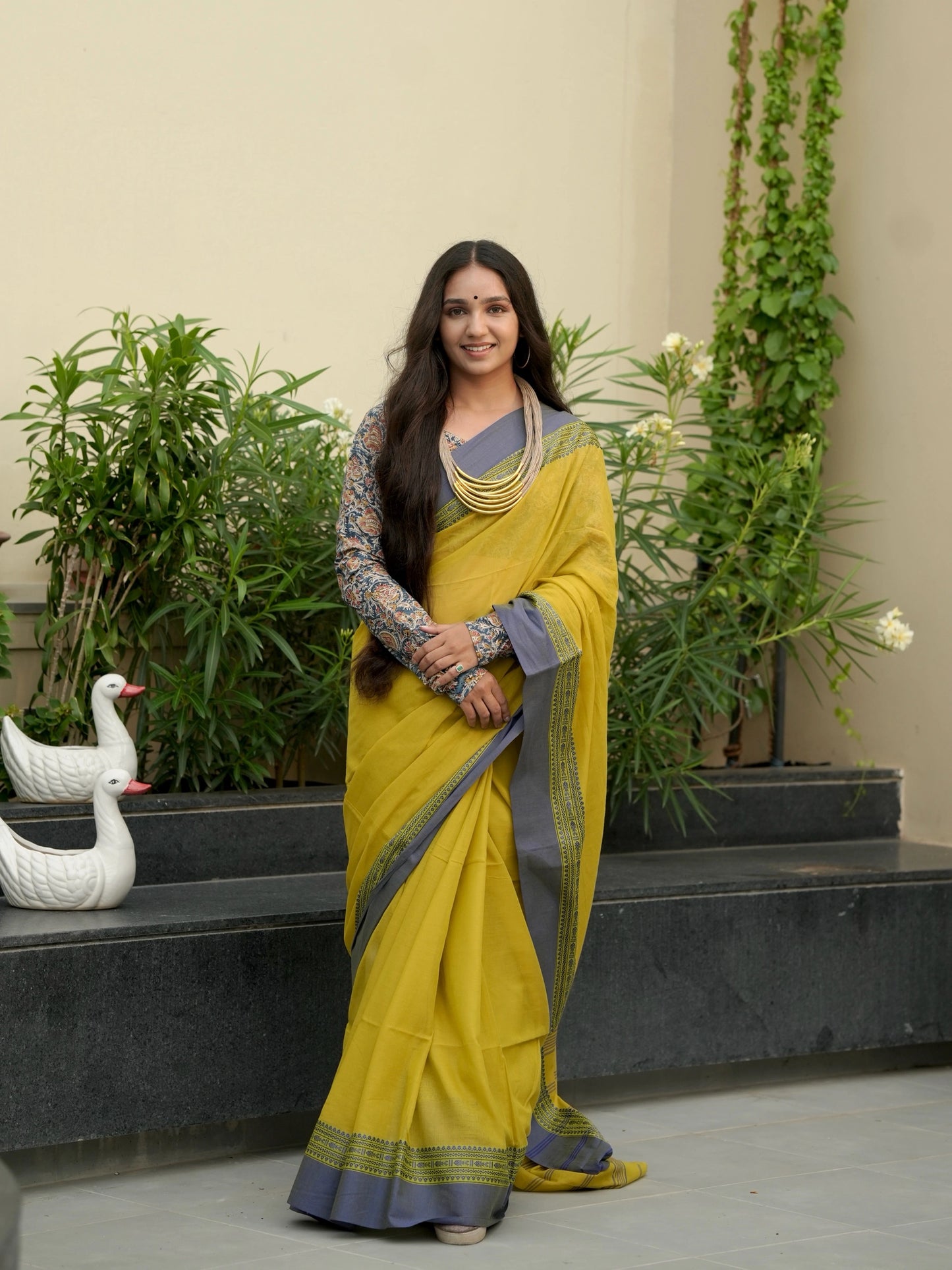 Olive Green-Blue Tripura Cotton Saree