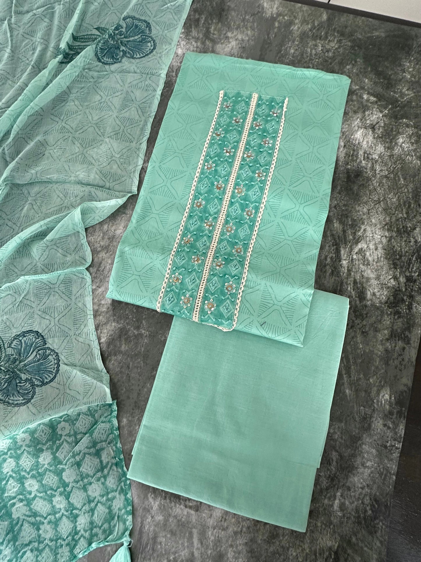 Sea Green Jaipuri Cotton 3-peice Suit