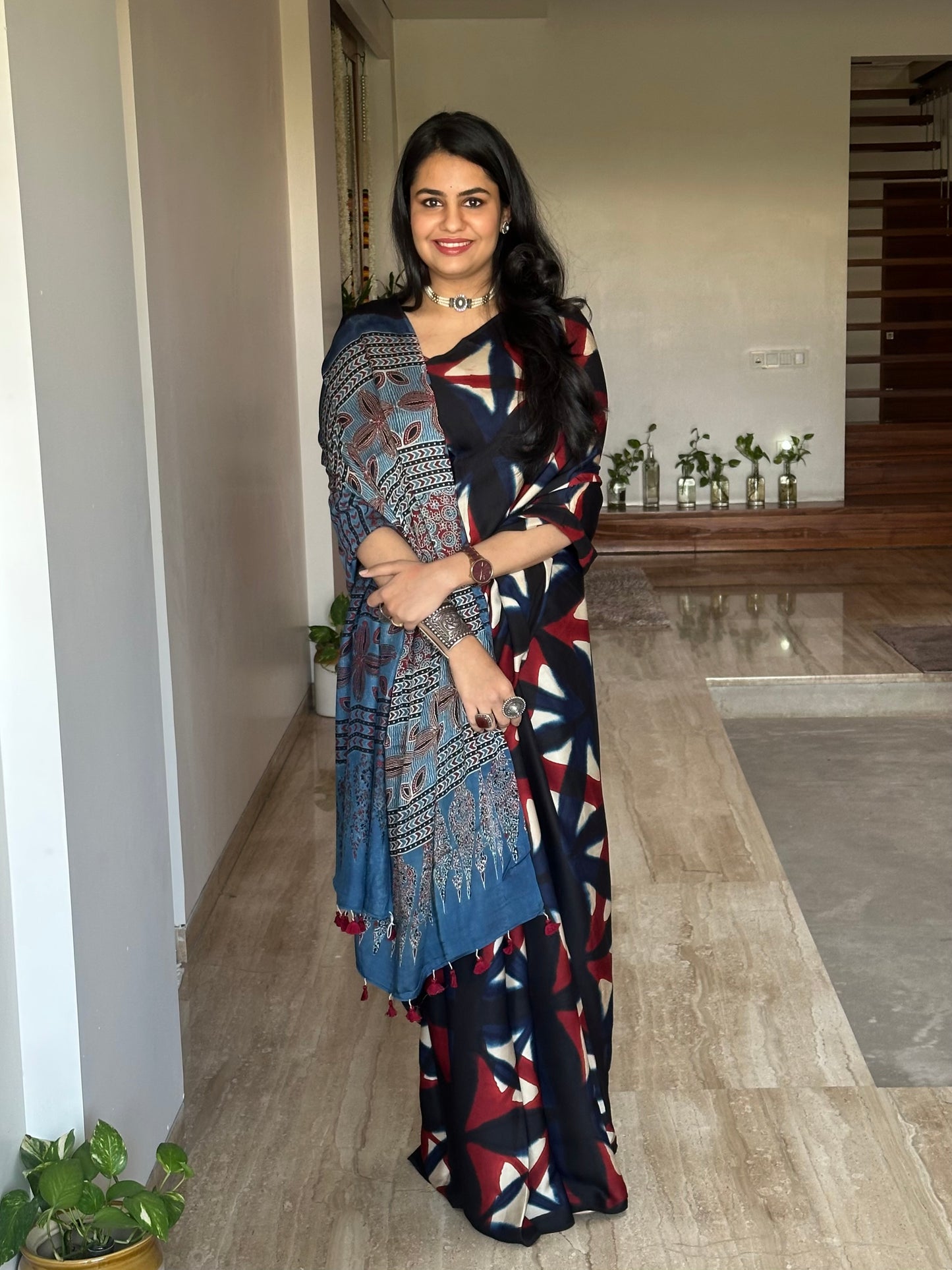 Black Indigo-Blue Ajrakh Blended Modal Saree