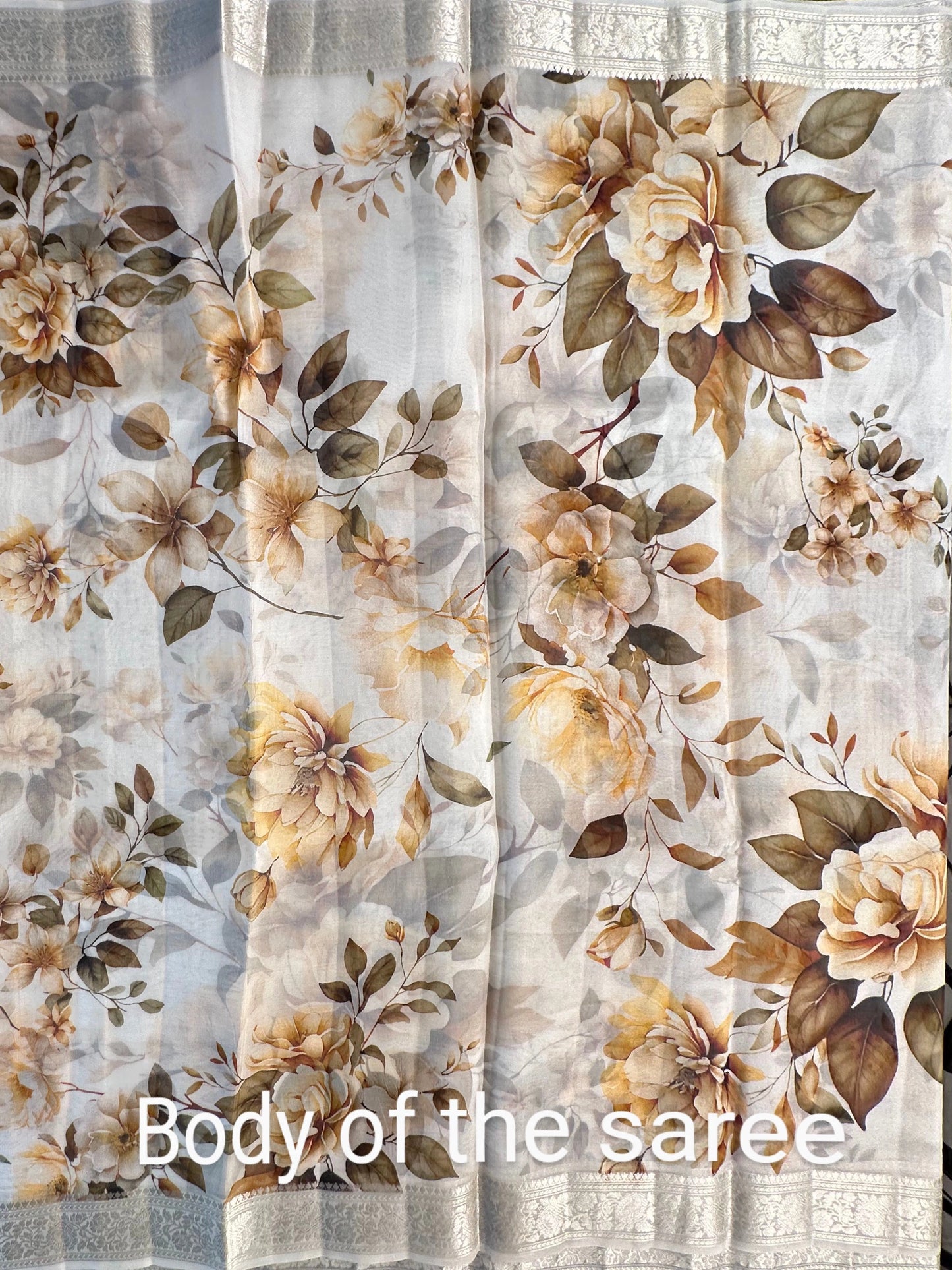 Off white Floral Print Organza Silk Saree