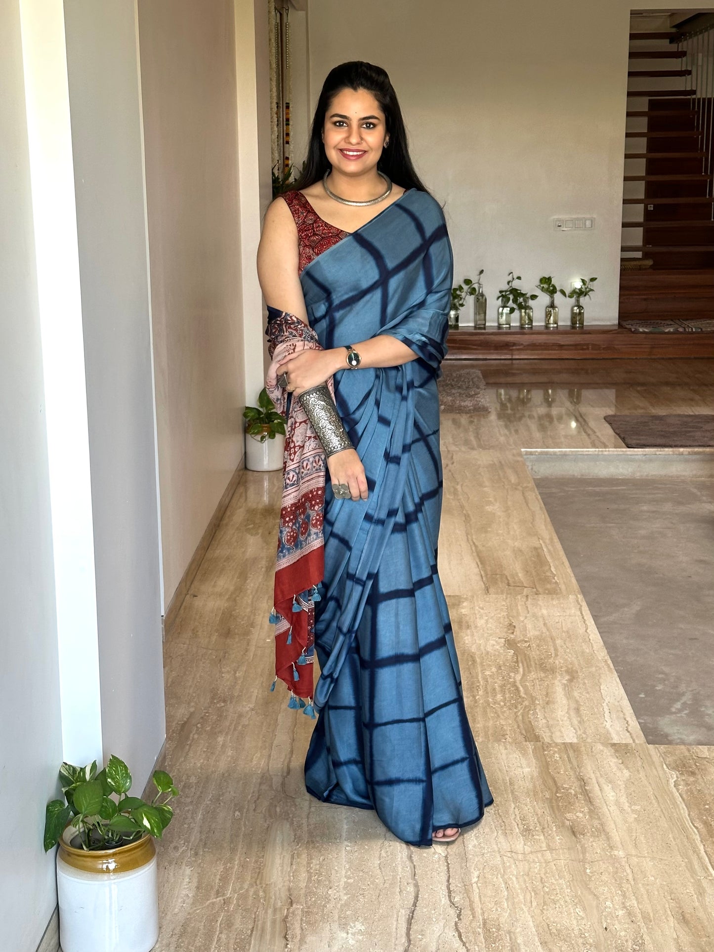 Blue-Rust Ajrakh Blended Modal Saree