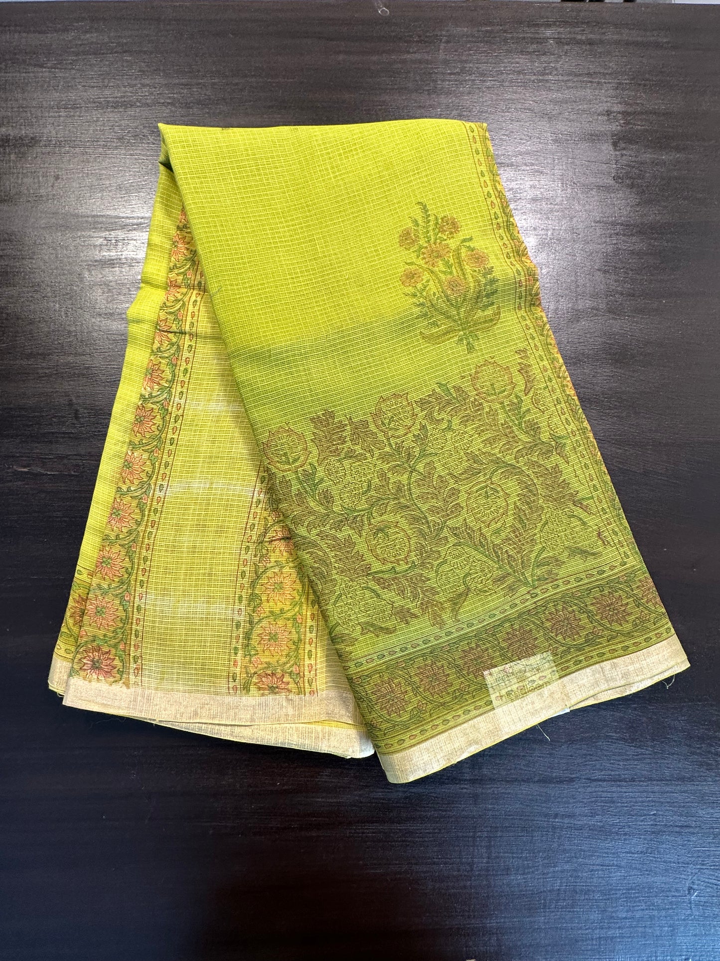Mehndi Green Block Print Kota Doria Cotton Saree