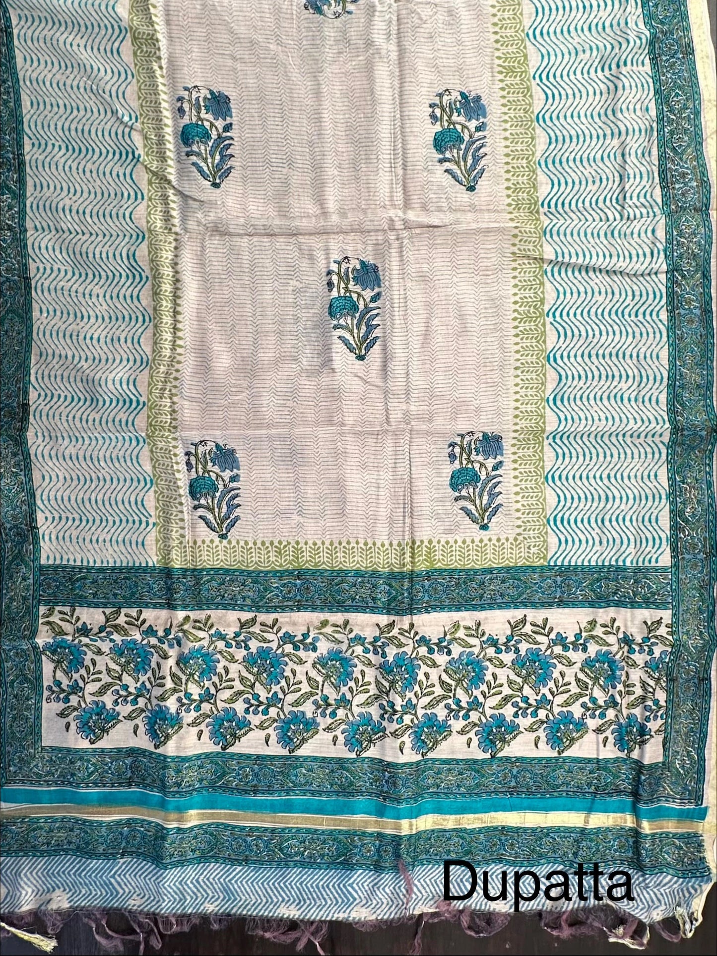 Beige- Blue Chanderi 3-Piece Suit