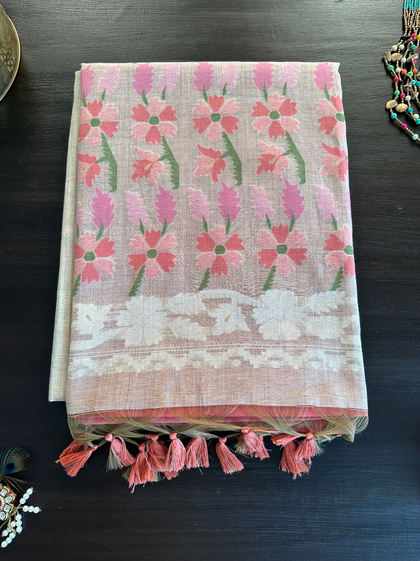 Beige-Peach Floral Weave Fancy Cotton Saree