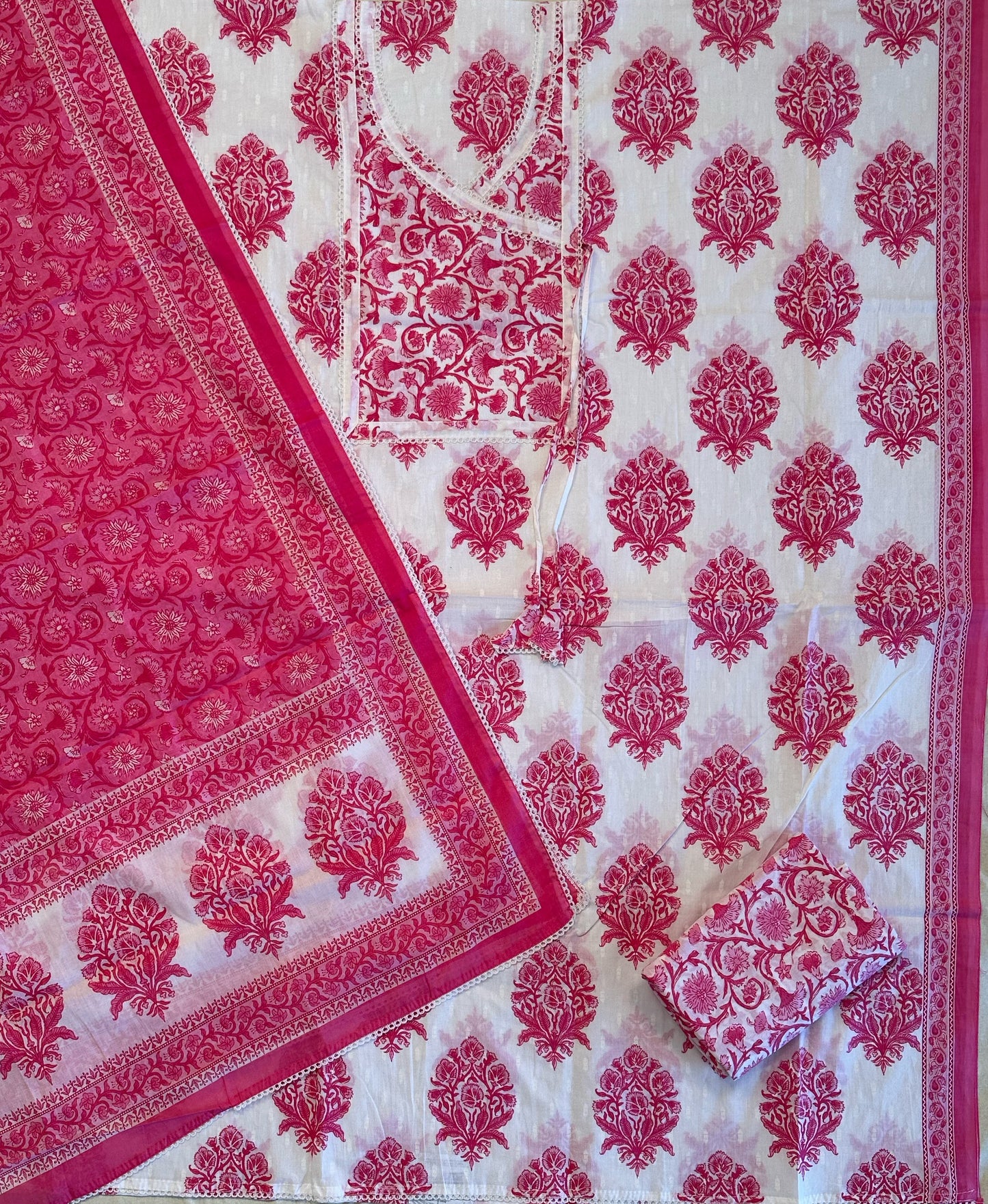 Off White-Pink Angrakha Printed Cotton 3-Piece Suit