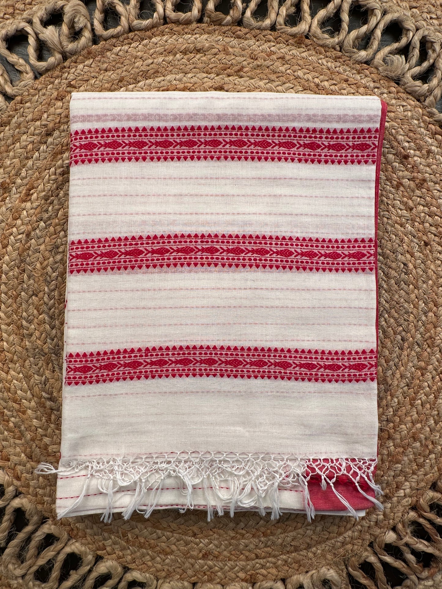 White Red Doodh Aalta Pure Cotton Saree