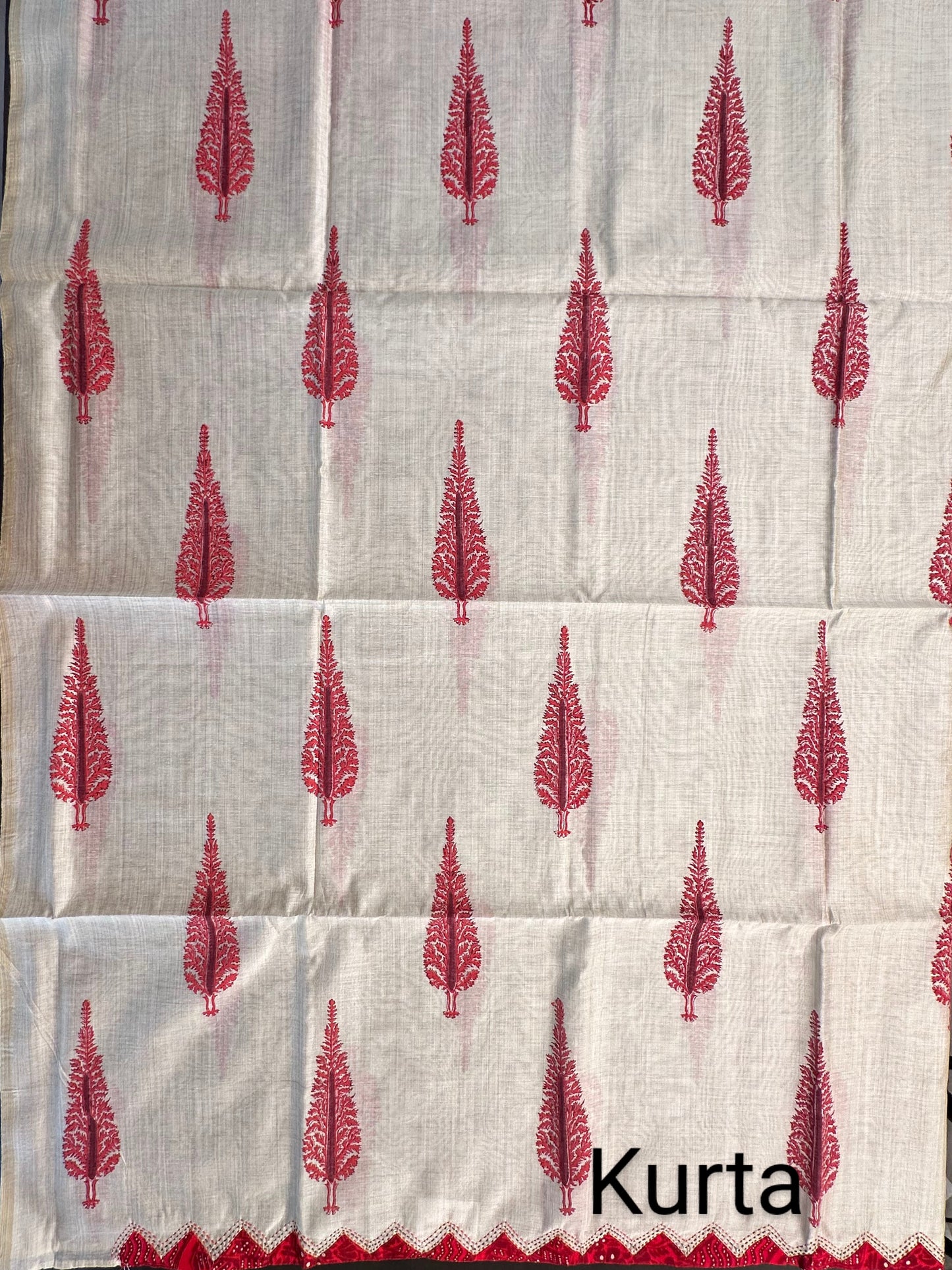Beige-Red Block Printed Fancy Cotton Suit