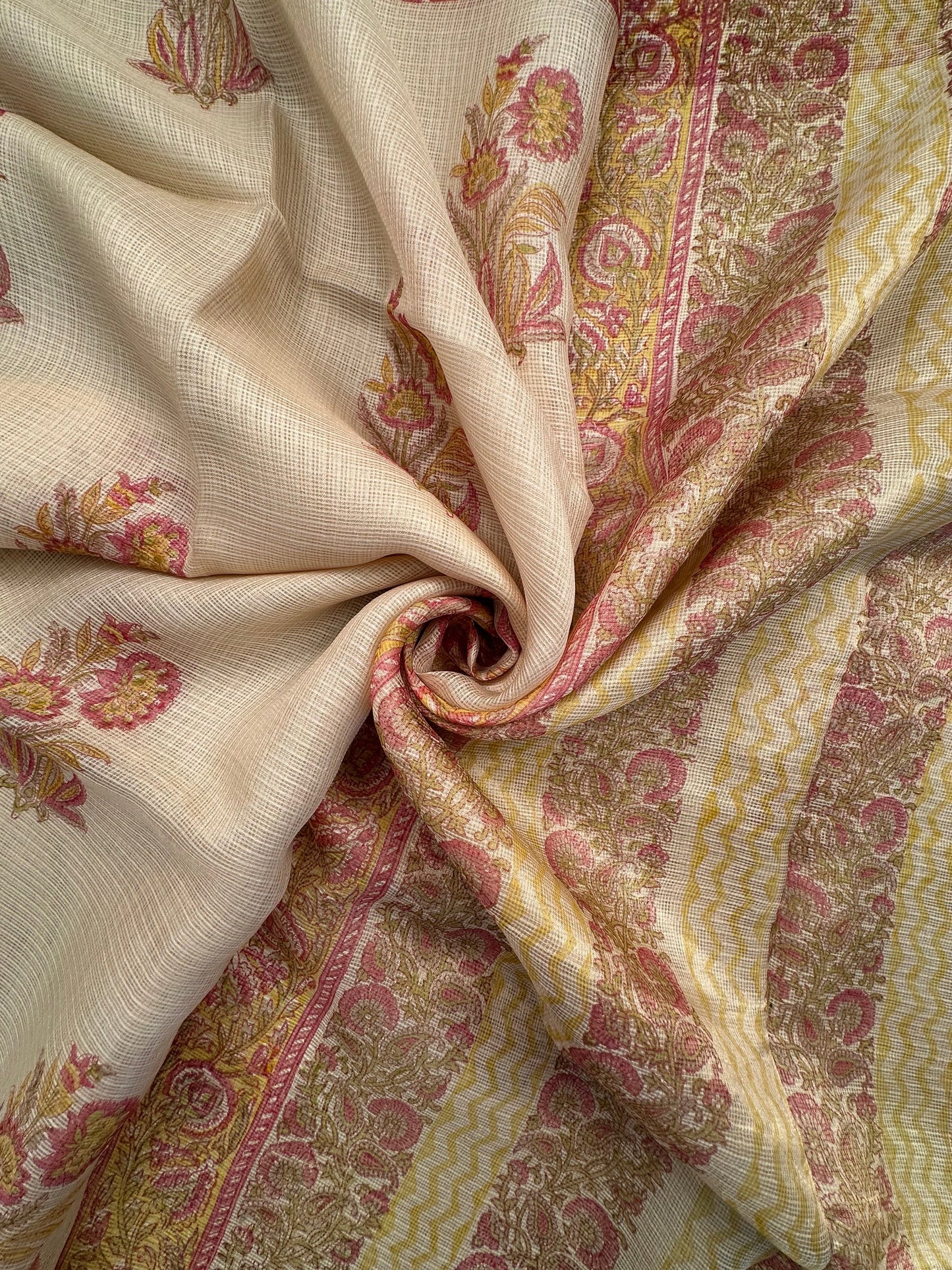 Pale Beige Hand Block-Print Kota Doria Pure Silk Saree