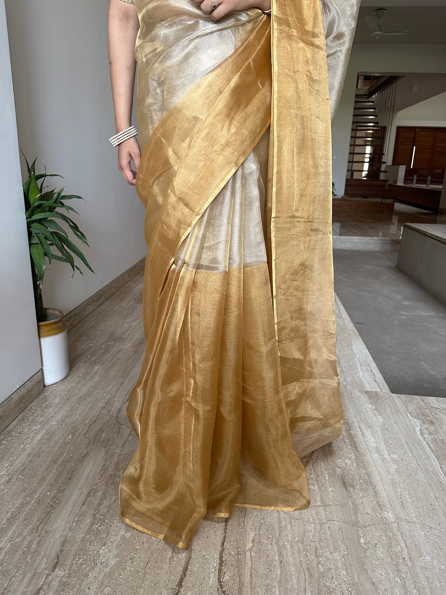 Swarnima Chandrahaas Golden-Silver Tissue Saree