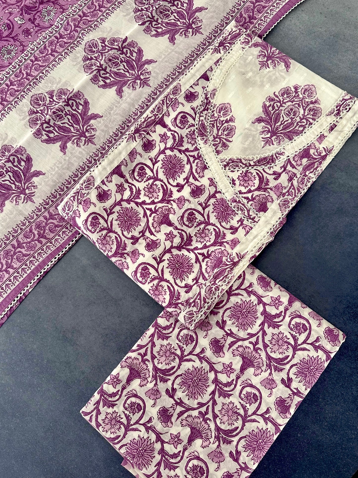 Off White-Purple Angrakha Printed Cotton 3-Piece Suit