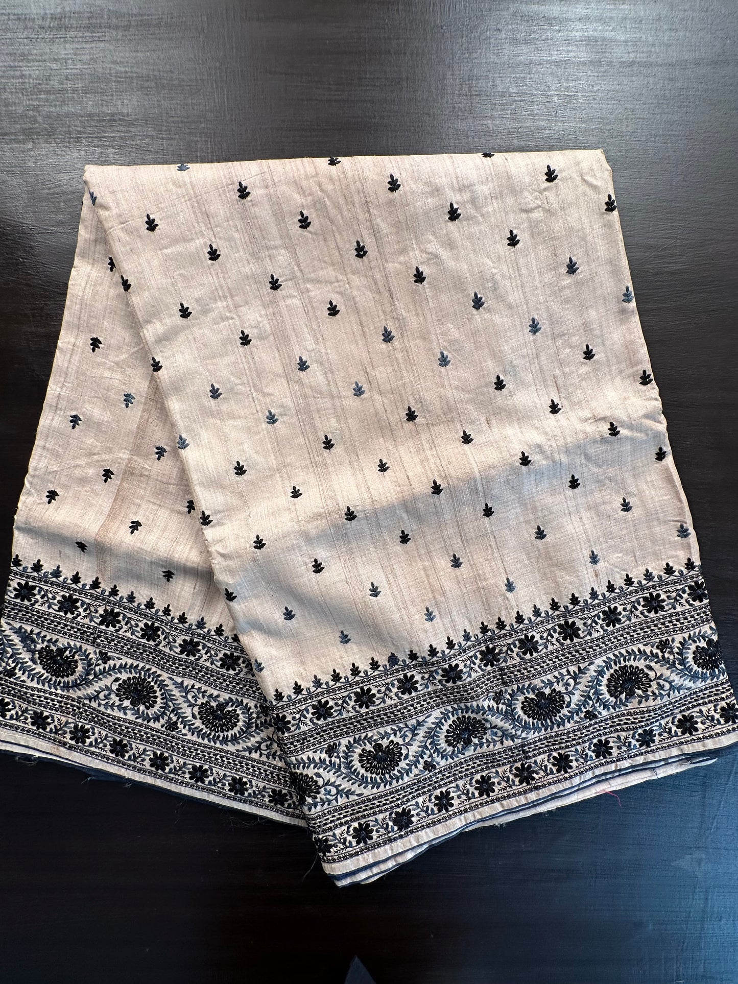Beige Pure Tussar Silk Saree With Embroidery