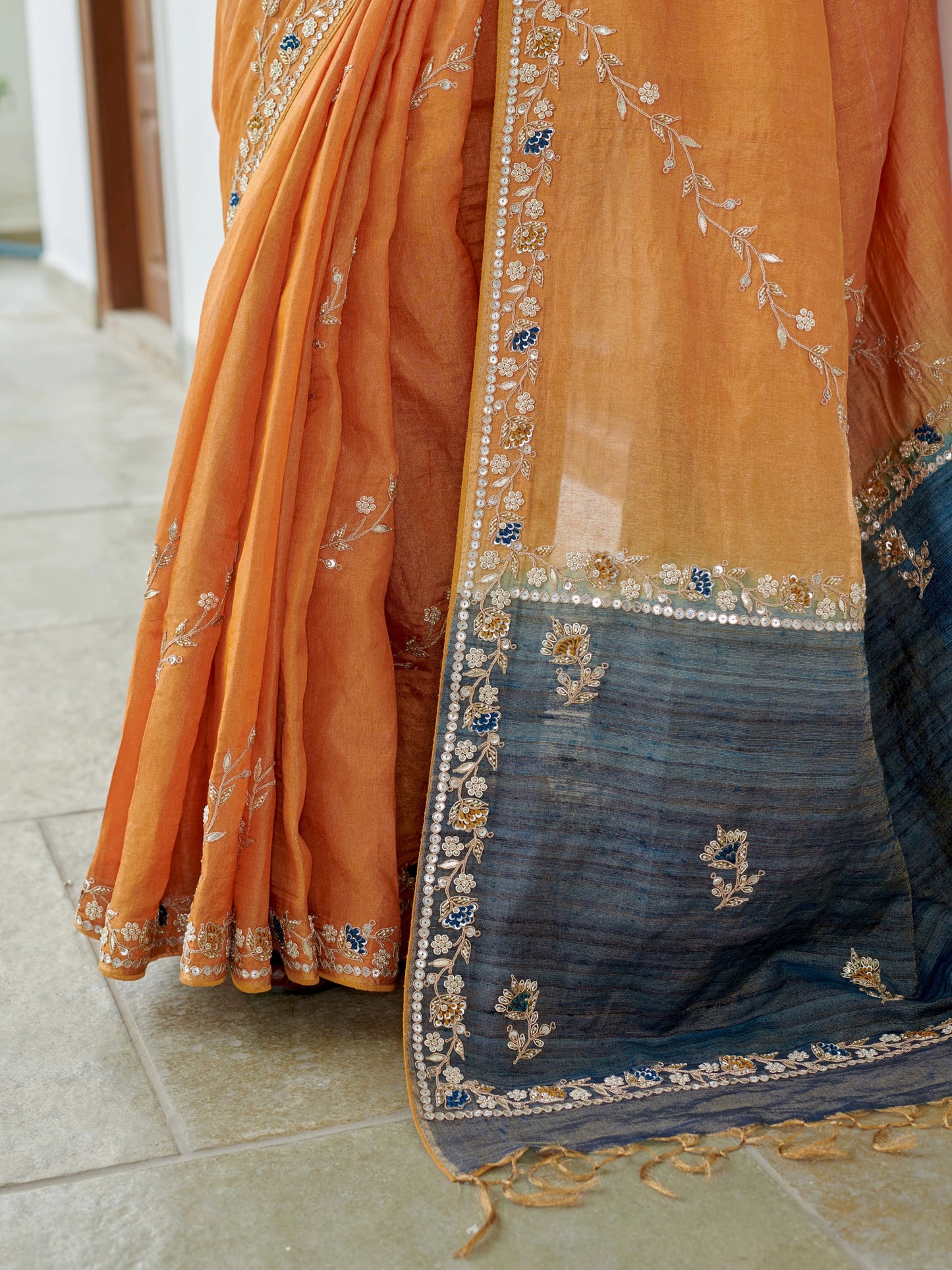 Mustard Tissue Saree With Zari Work Jaal