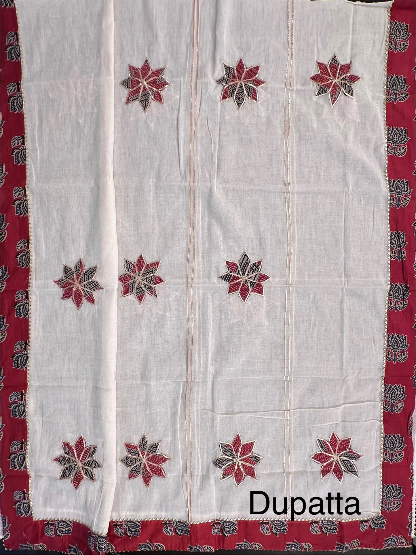 Brick Red Printed Pure Cotton Suit with Applique Dupatta