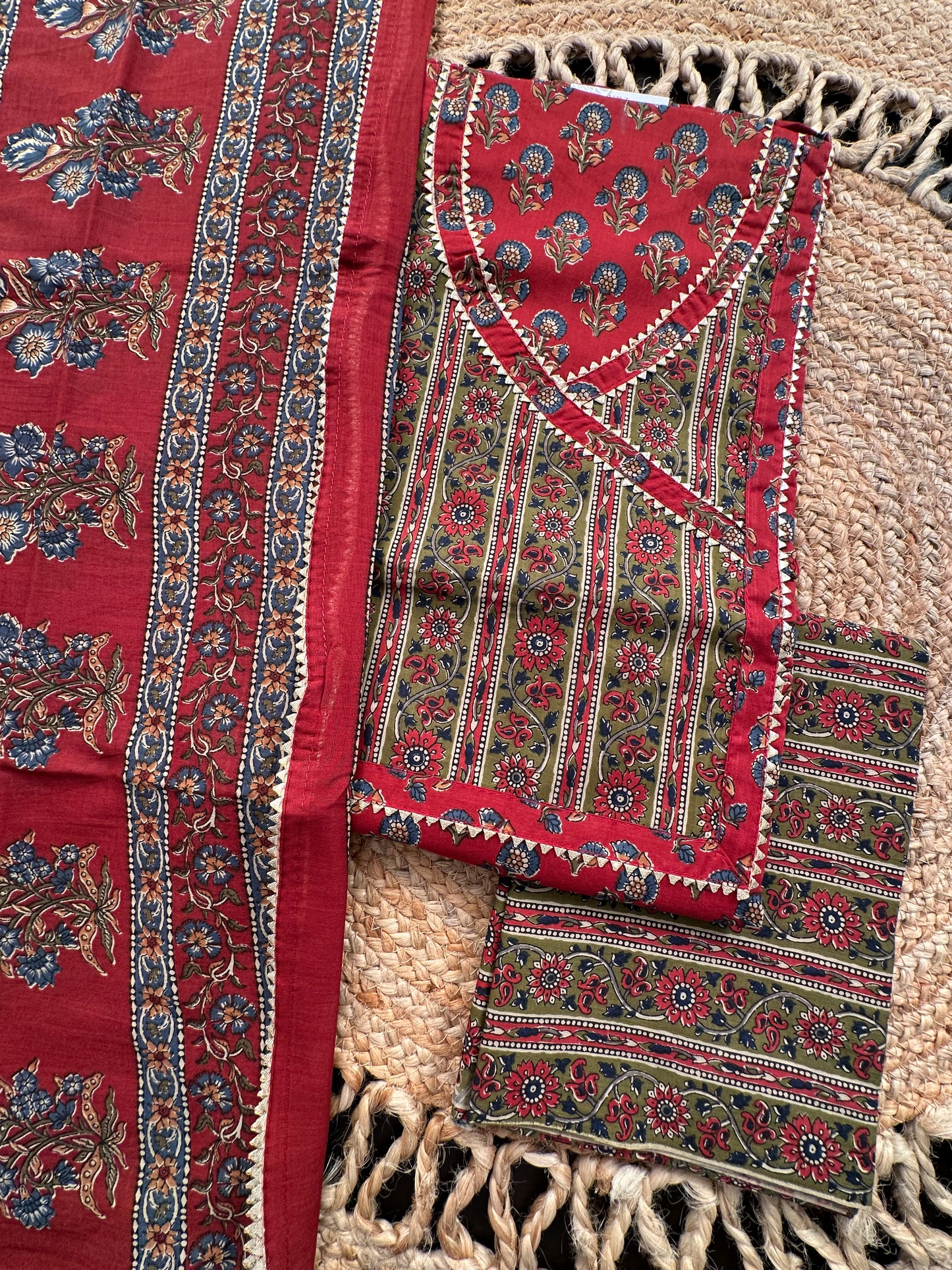 Rust Angrakha Printed Cotton 3-Piece Suit