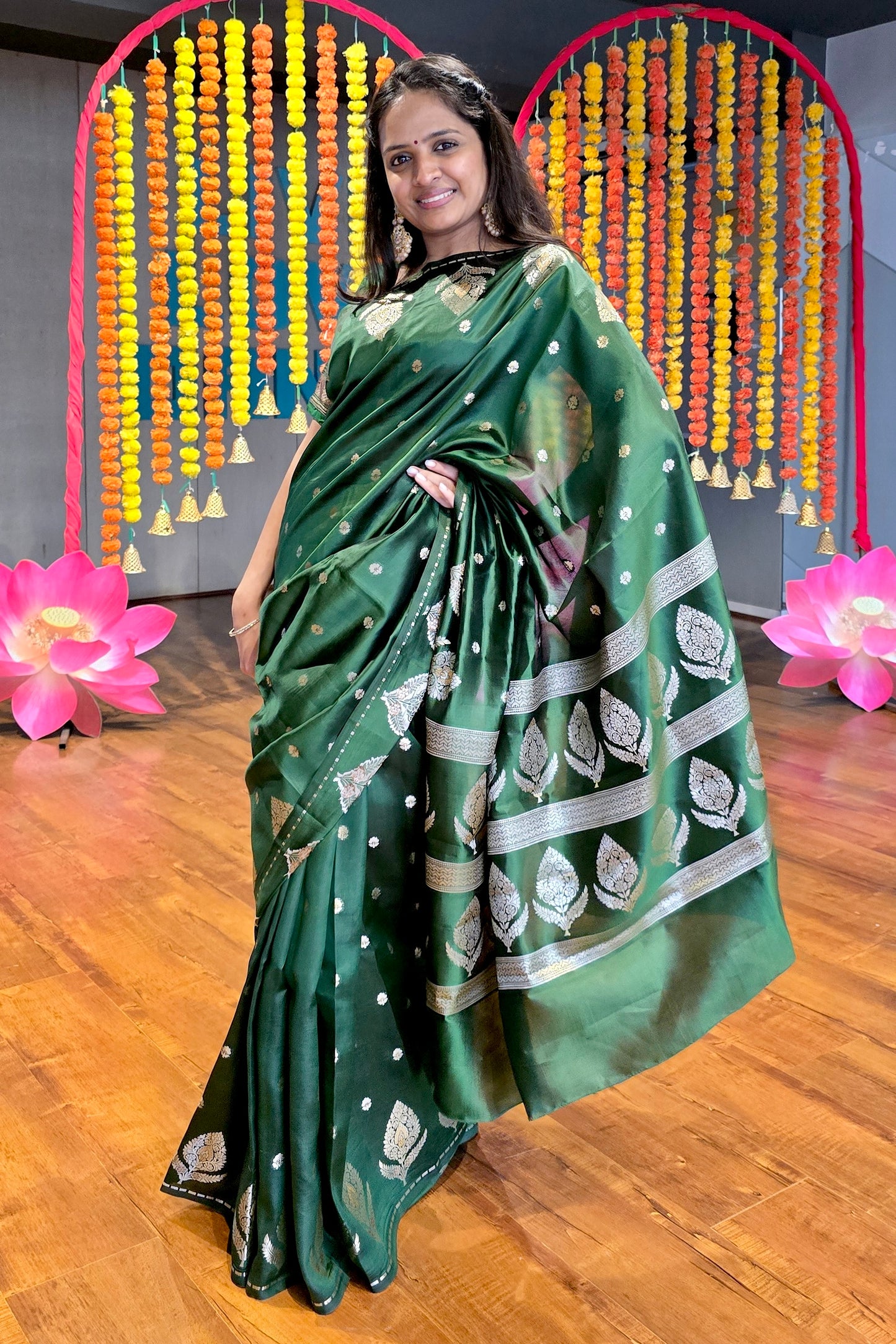 Bottle Green Dupion Rewa Silk Saree