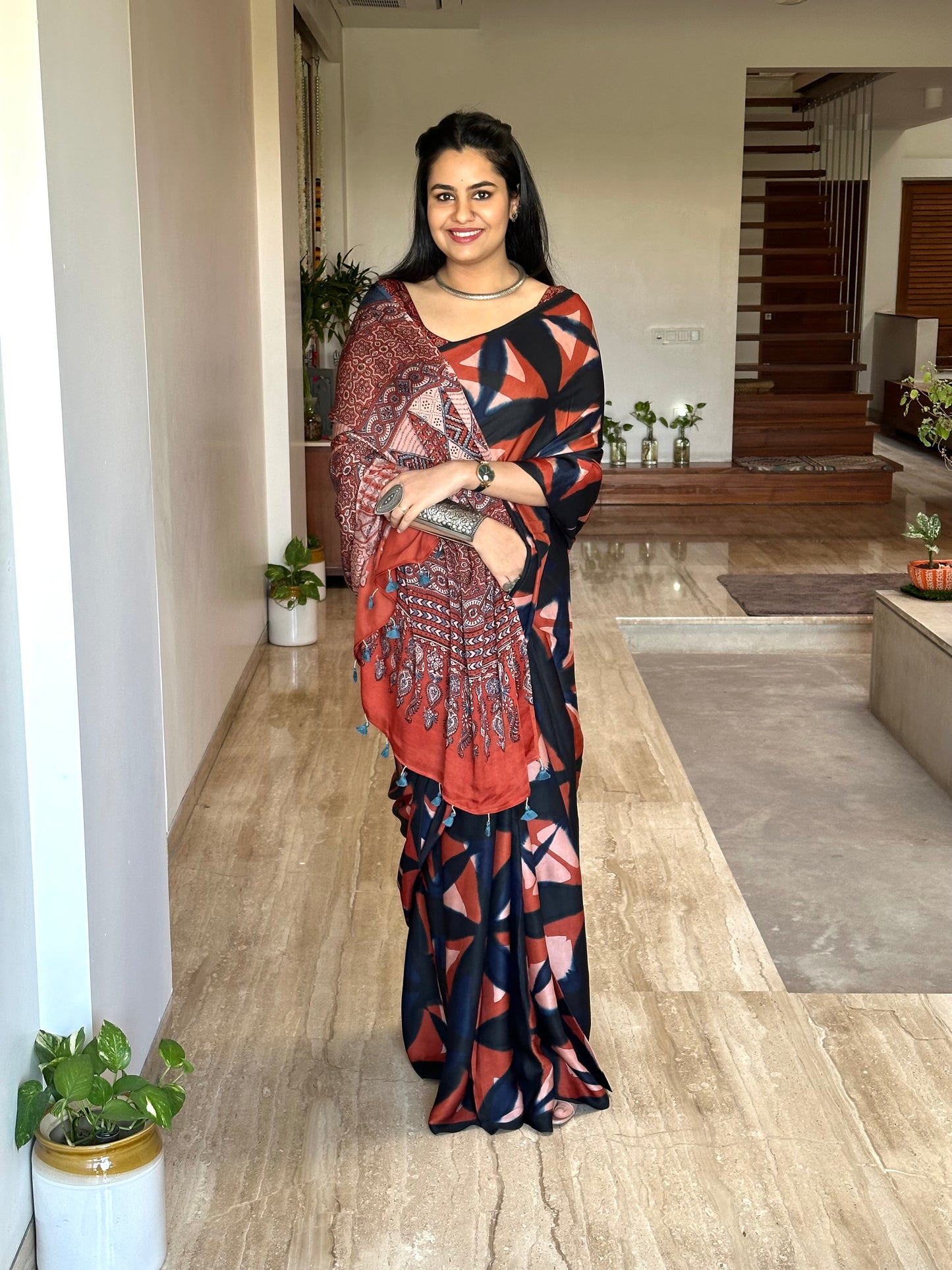 Black Indigo-Rust Orange Ajrakh Blended Modal Saree