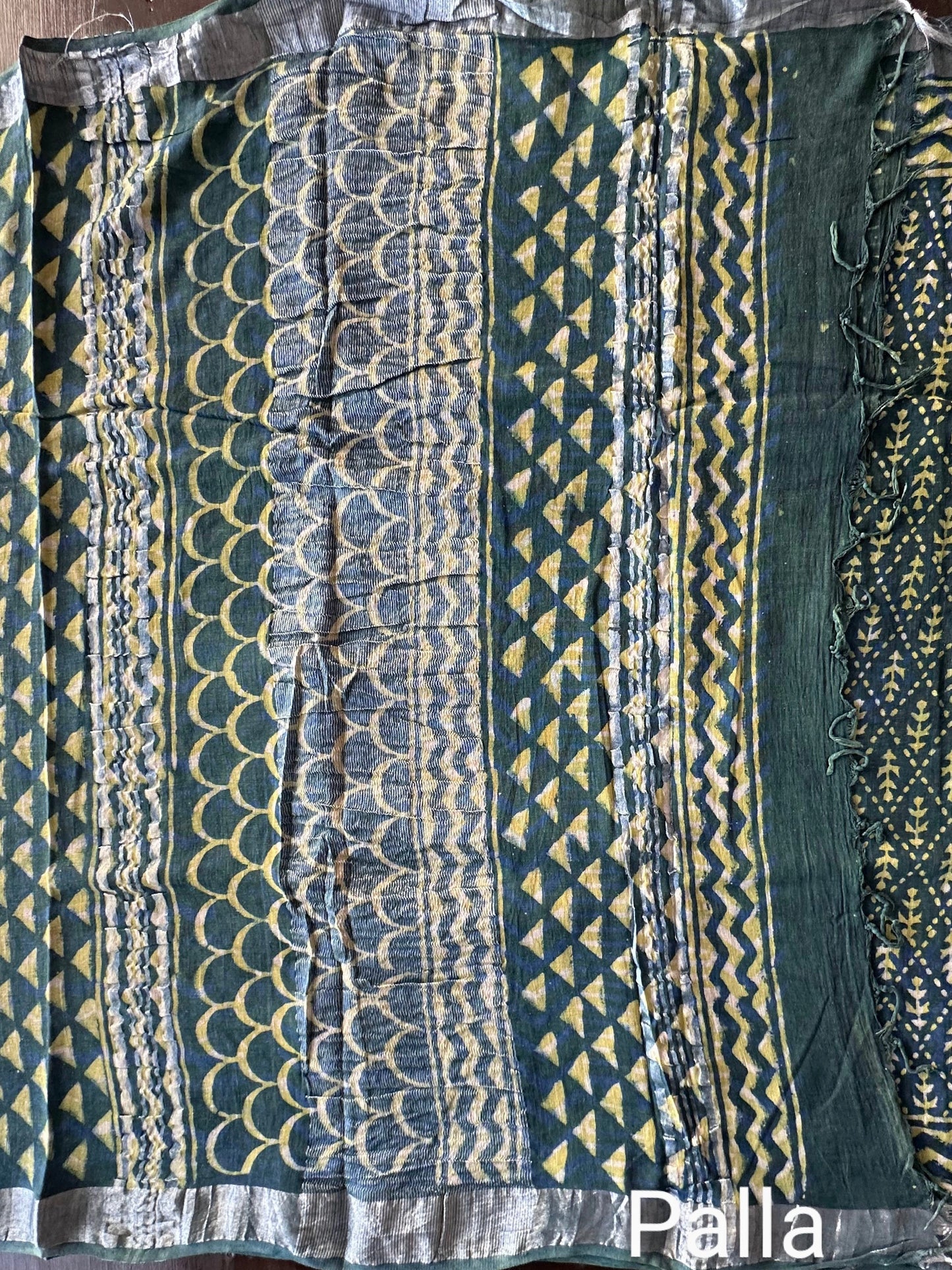 Peacock Blue Hand Block Print Linen Saree