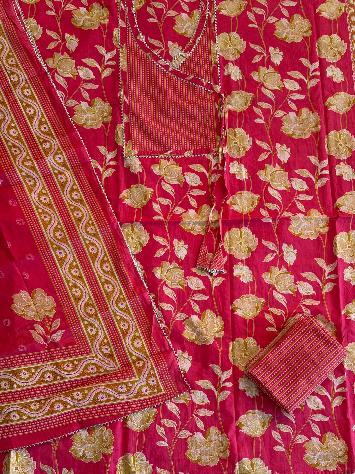 Dark Pink Angrakha Printed Cotton 3-Piece Suit