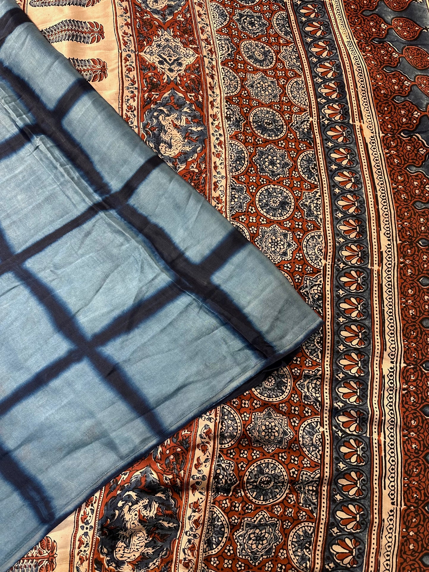 Blue-Rust Ajrakh Blended Modal Saree