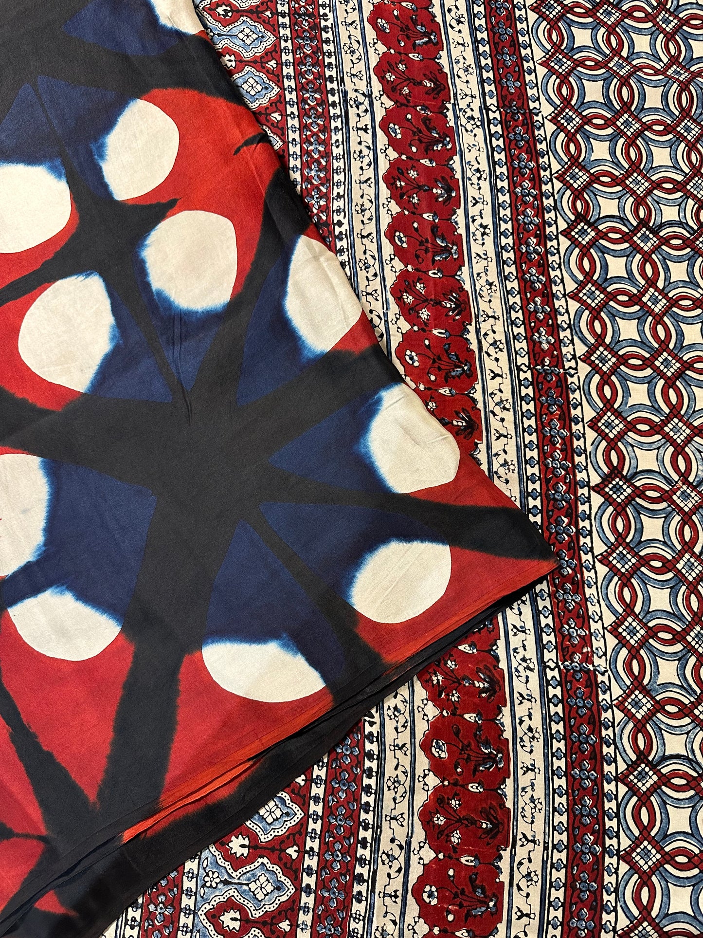 Royal Indigo-Red Ajrakh Blended Modal Saree